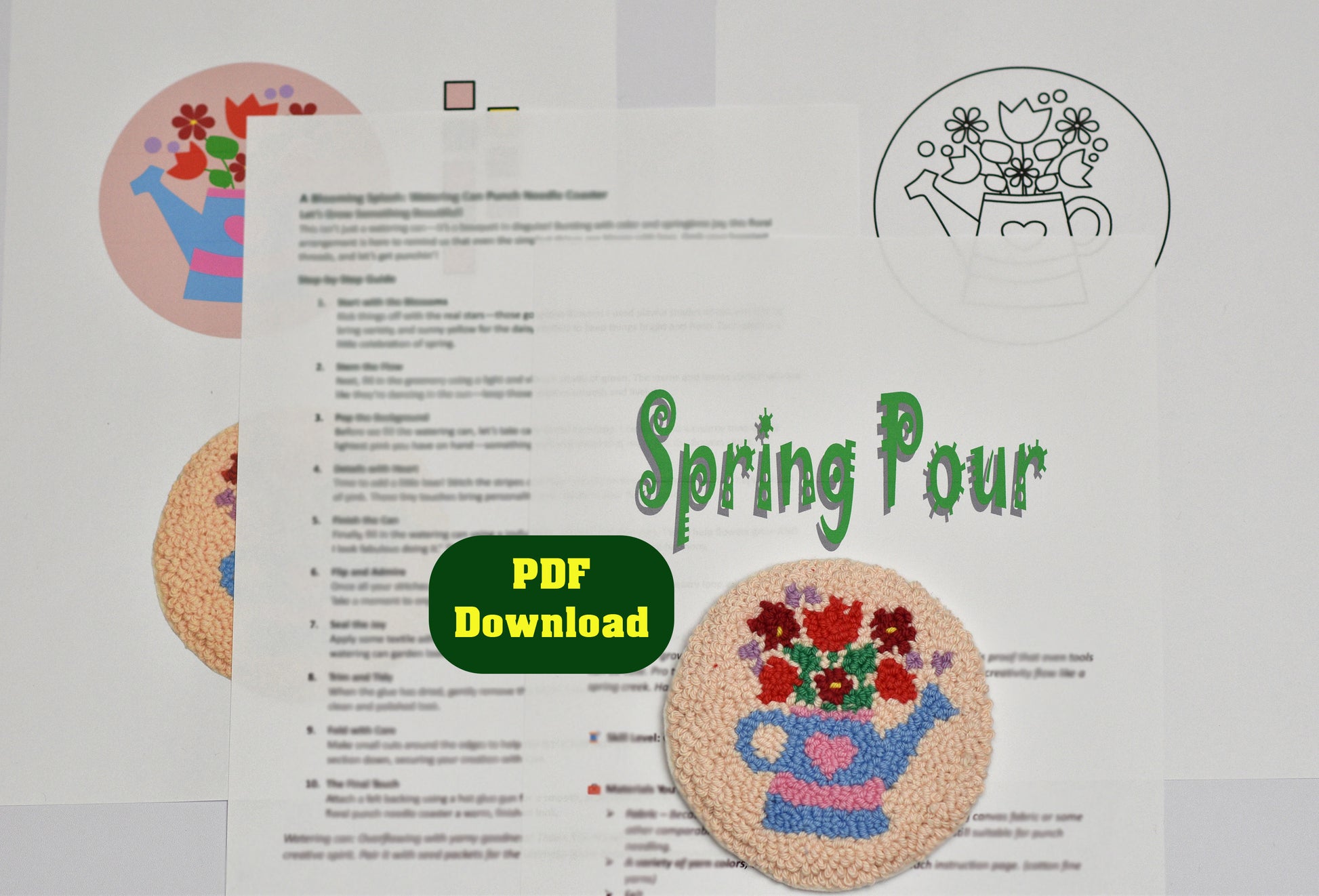 Embroidered coaster with decorative flower elements and watering pot, featuring a 'Spring Pour' PDF download button.