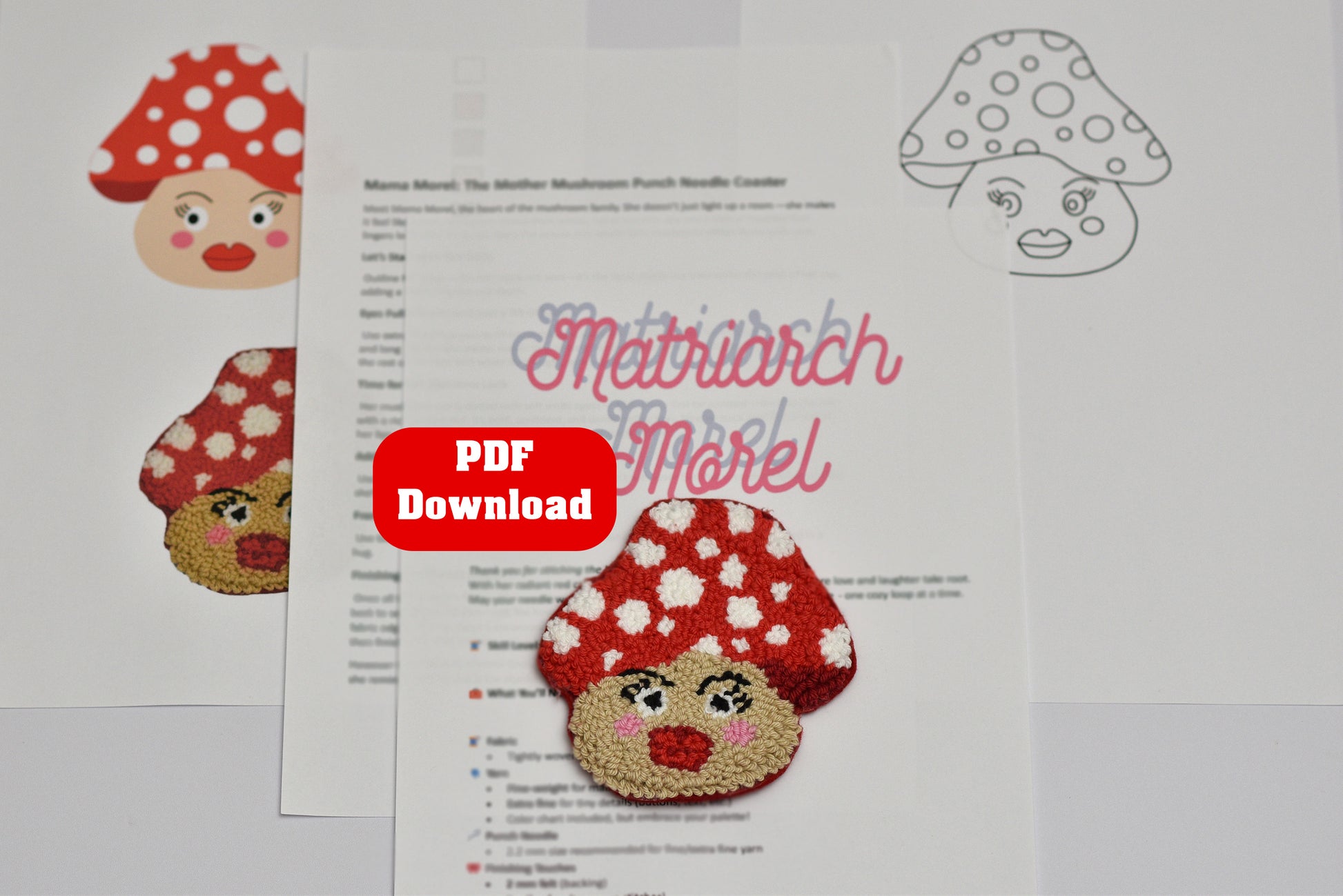 Pattern for mushroom-shaped punch needle coaster with red cap and white spots, on a printed design sheet.