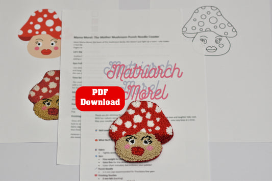 Pattern for mushroom-shaped punch needle coaster with red cap and white spots, on a printed design sheet.