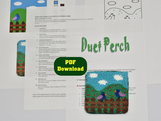 Punch needle coaster project and PDF download link for 'Duet Perch' with colorful illustrations on a white background