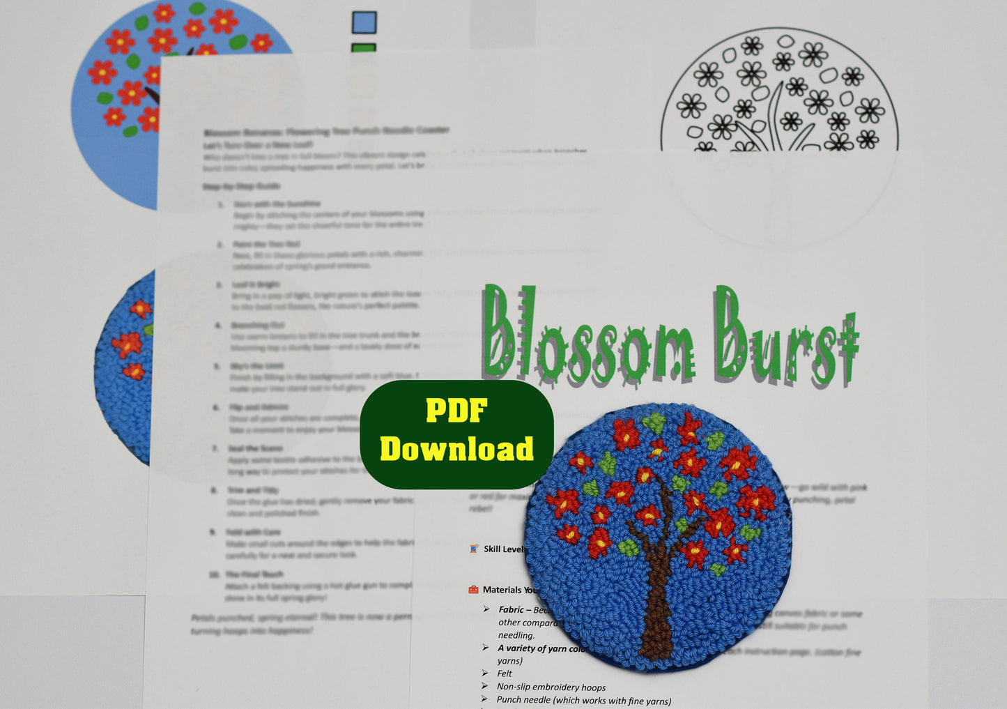 Punch needle coaster with a tree design labelled as 'Blossom Burst' and PDF download text on a white background
