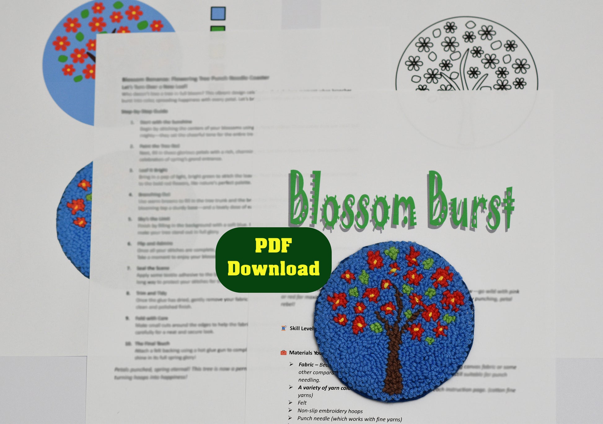 Punch needle coaster with a tree design labelled as 'Blossom Burst' and PDF download text on a white background
