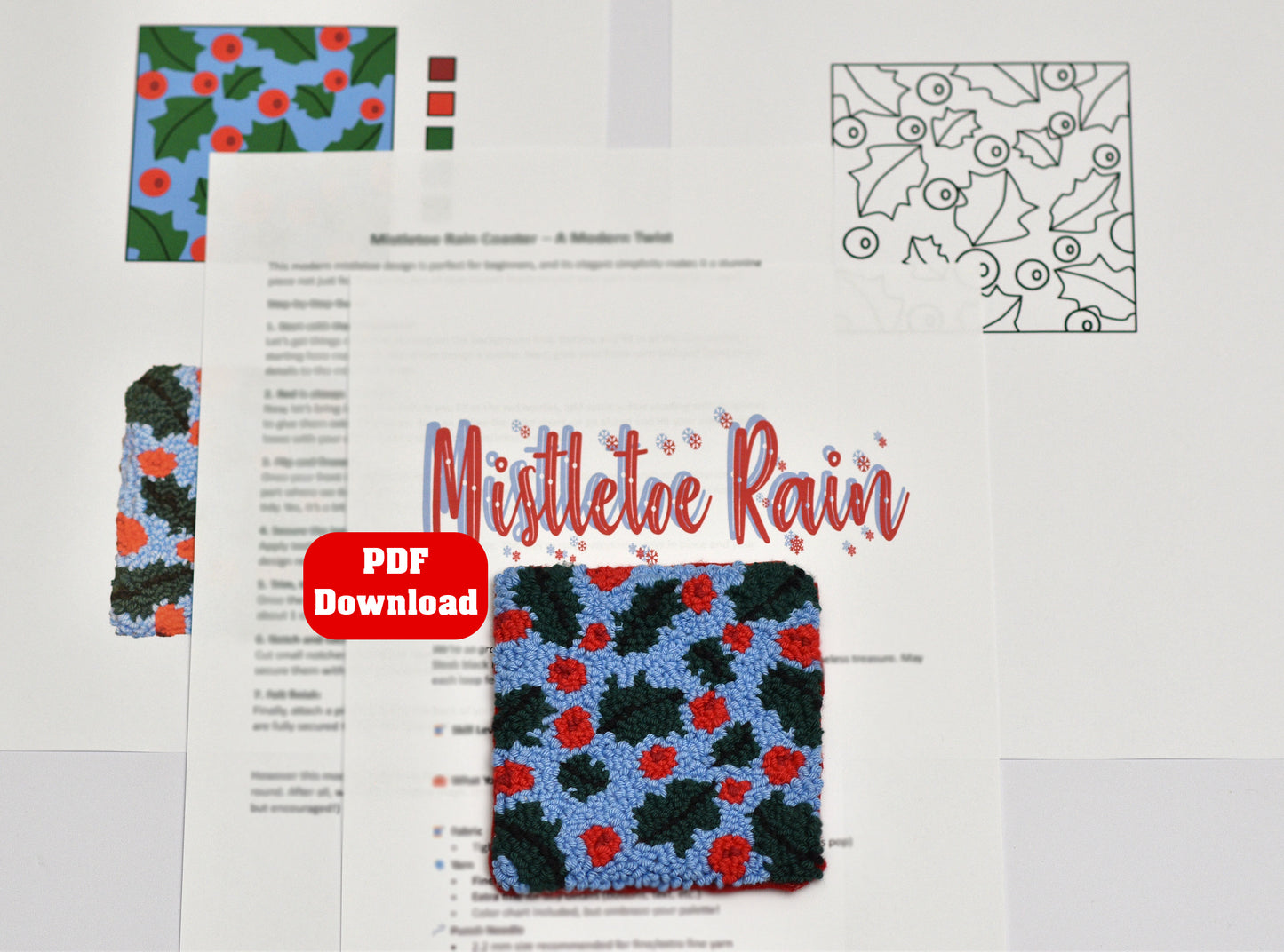 Pattern leaflet for a punch needled coaster titled 'Mistletoe Rain' with colorful design and text.