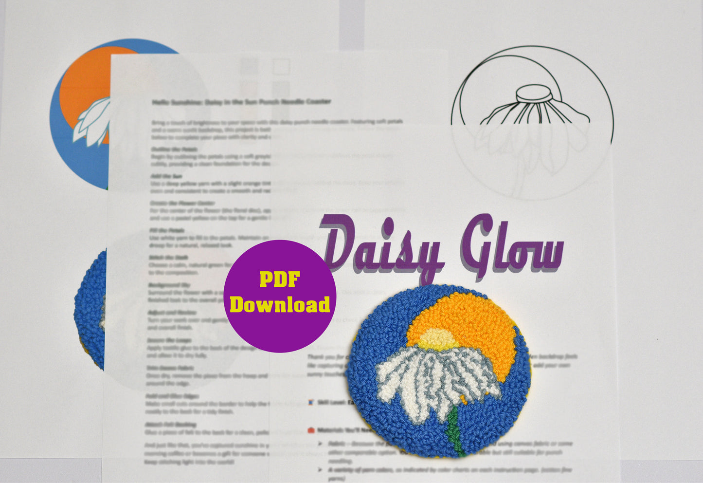 Embroidery coaster design sheet for 'Daisy Glow' with embroidery patterns and text on a white background.
