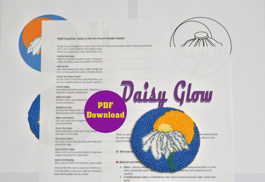Embroidery coaster design sheet for 'Daisy Glow' with embroidery patterns and text on a white background.