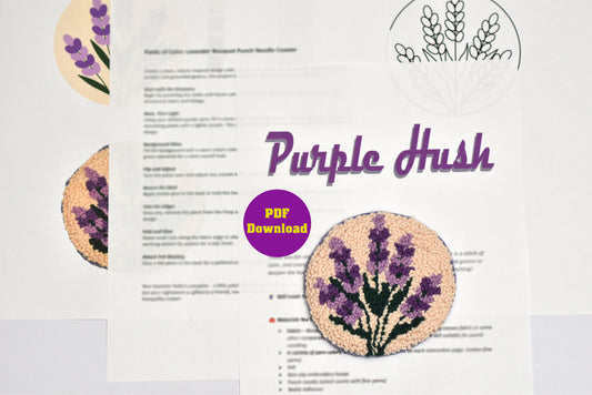 Coaster with lavender design and 'Purple Hush' branding on a white background