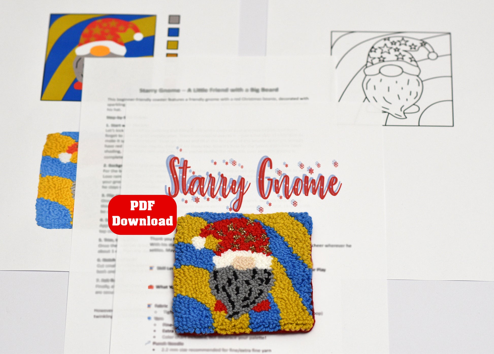 Punch needled coaster with Starry Gnome design with PDF download button on a white background