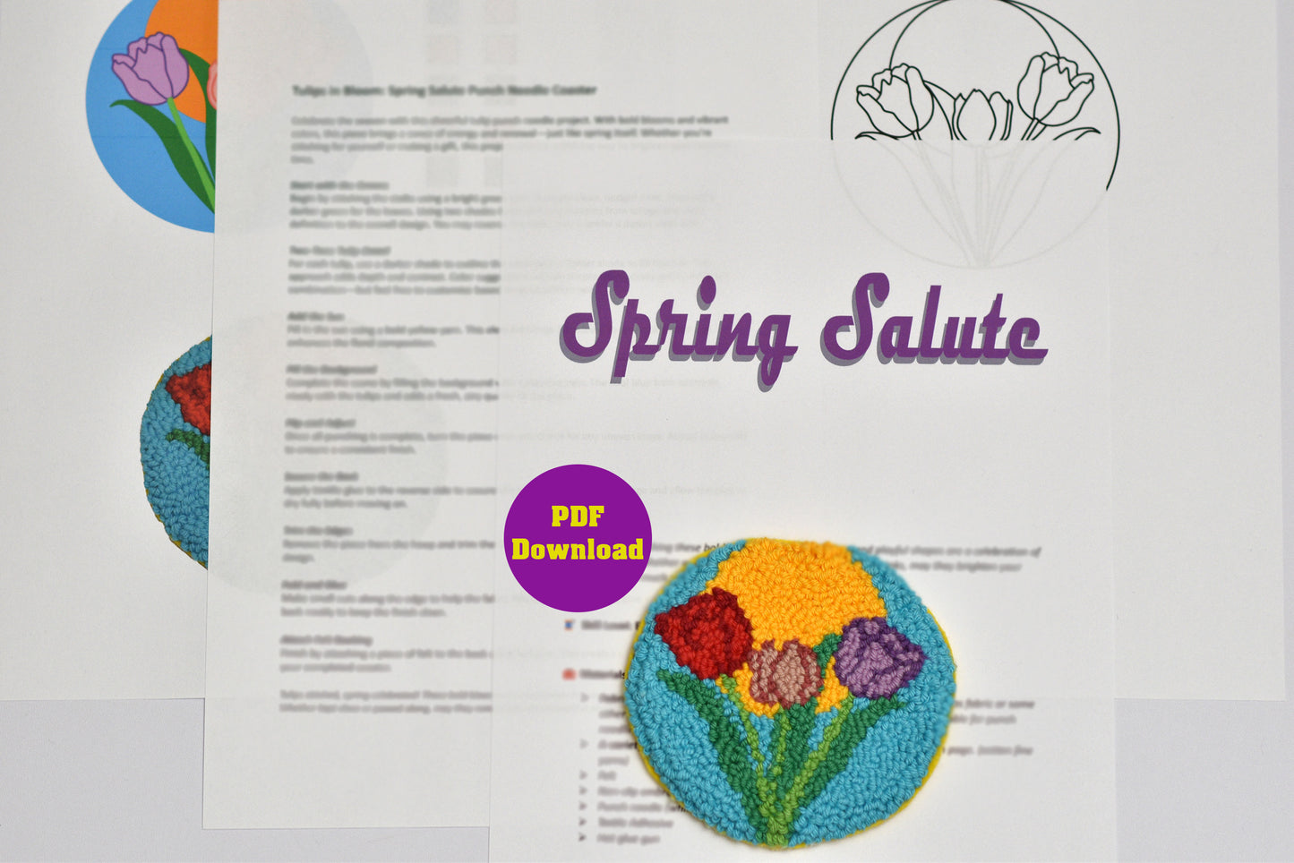 Punch needle Coaster with Tulip design labelled 'Spring Salute' and floral elements on a white background