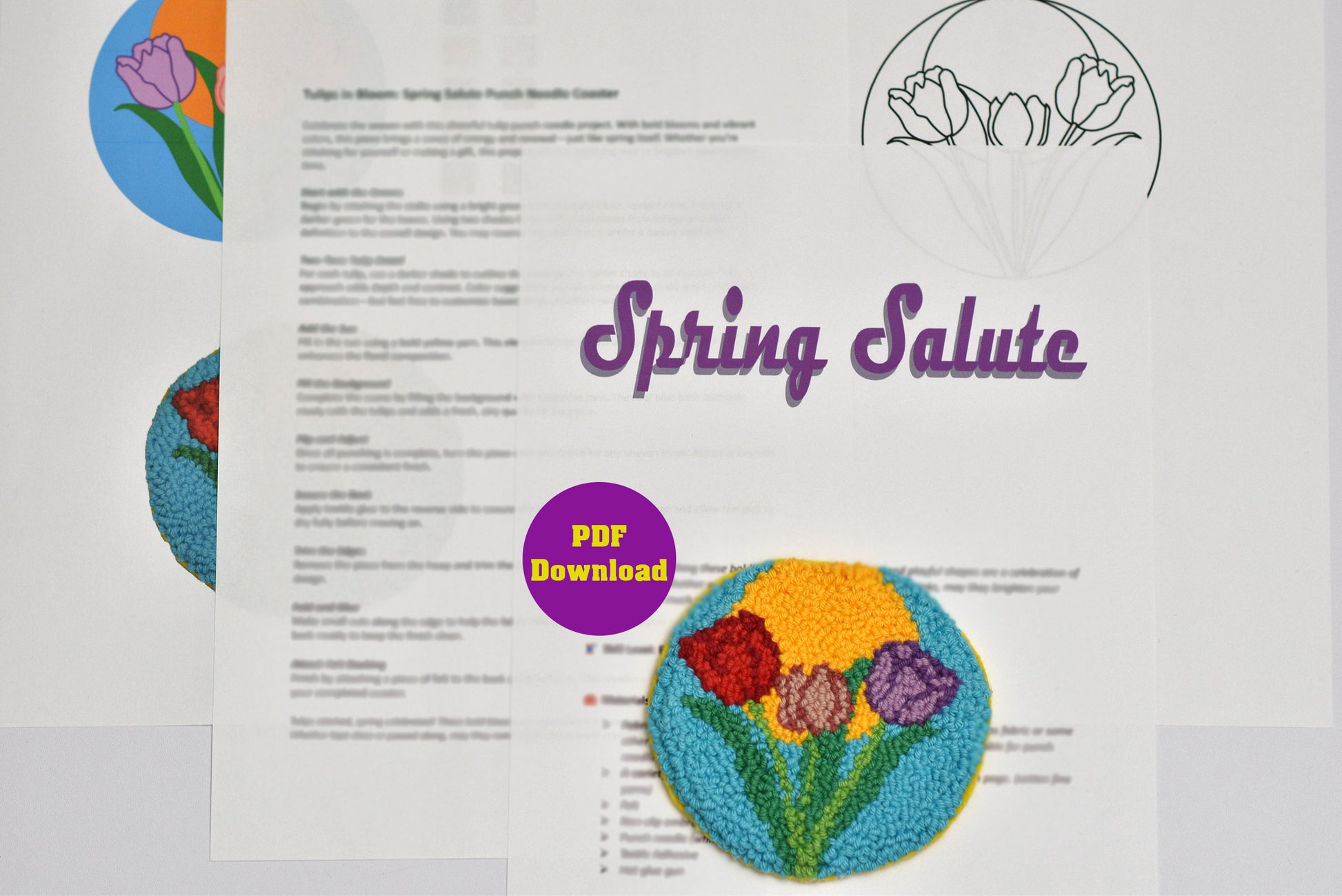 Punch needle Coaster with Tulip design labelled 'Spring Salute' and floral elements on a white background