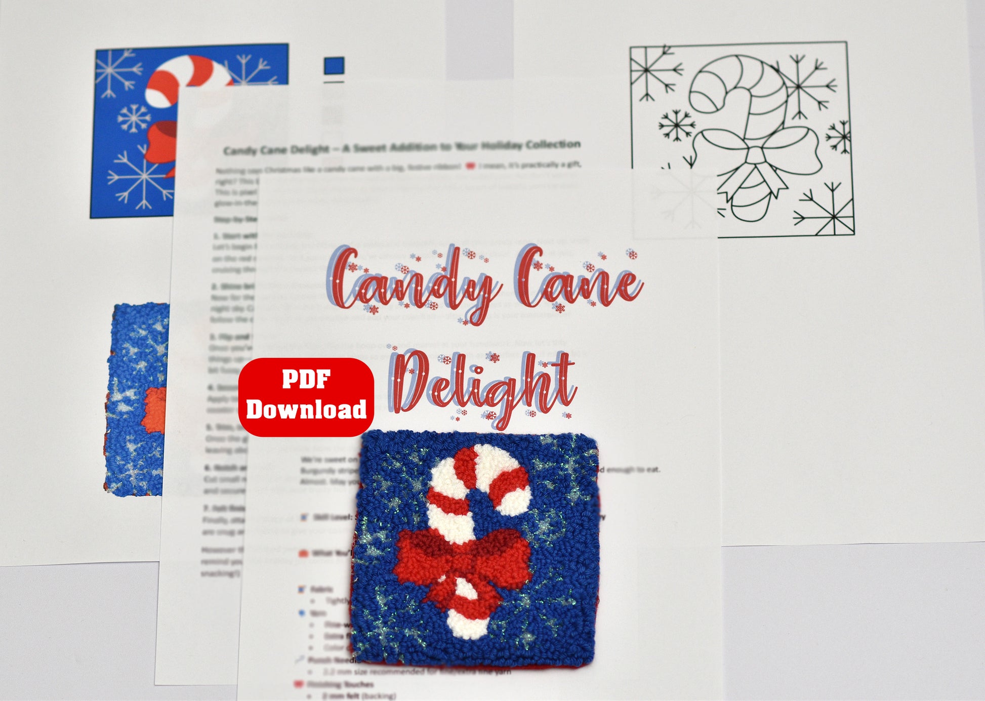 Candy Cane Delight punch needle coaster pattern with PDF download button on a white background