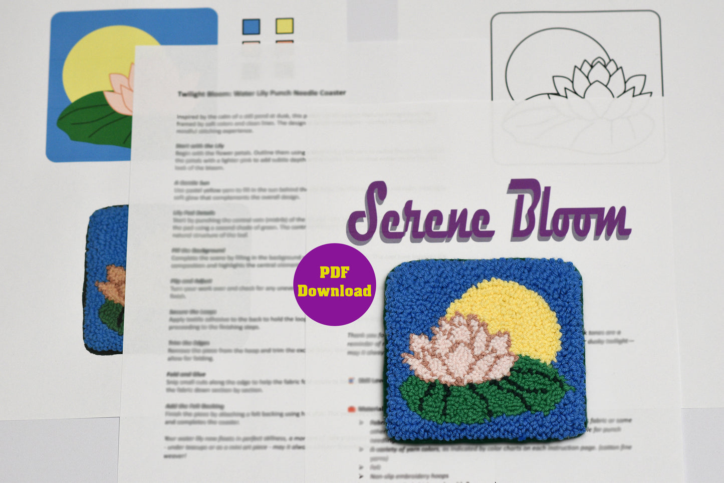 PDF punch needle coaster pattern with a water lily flower design on a white background