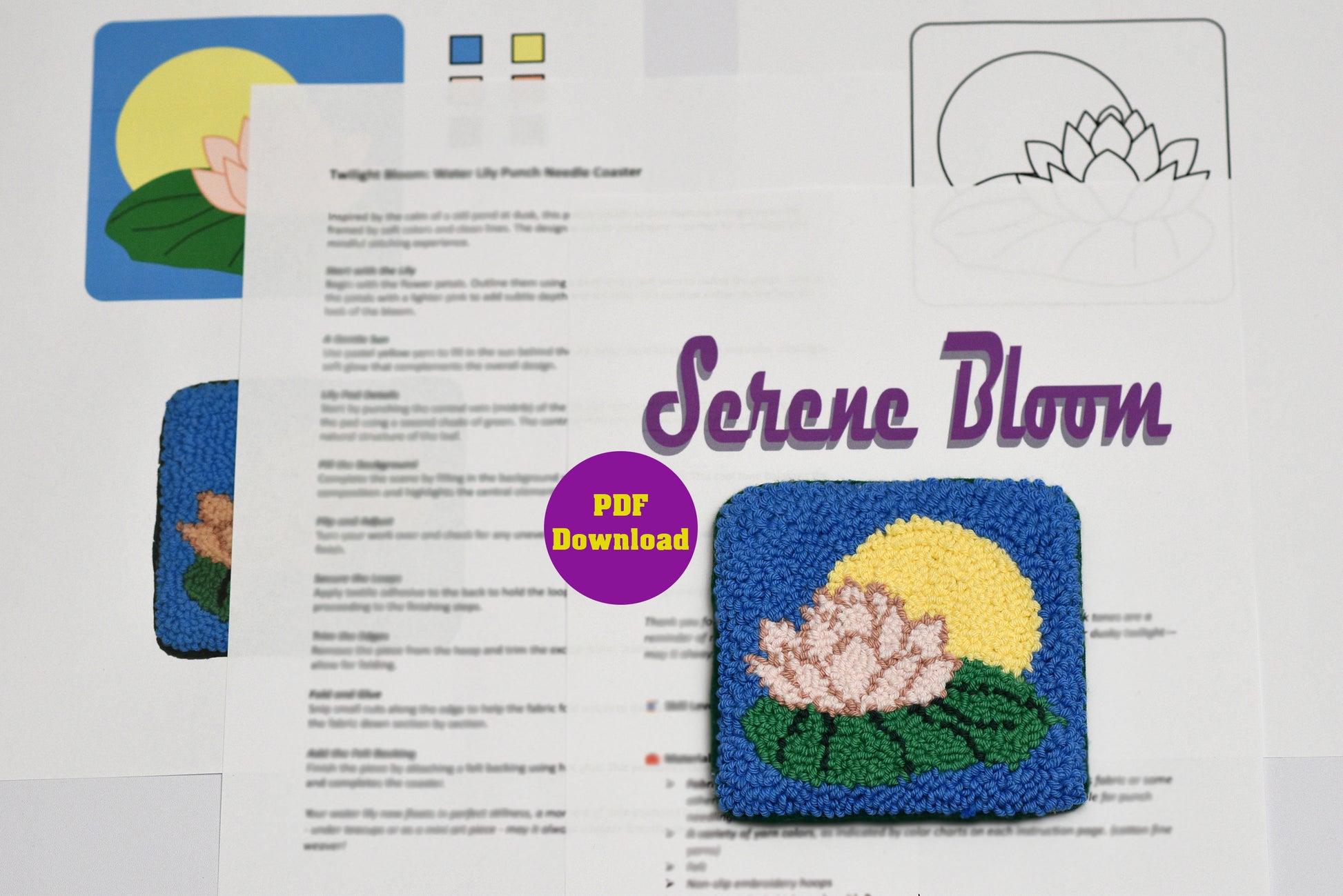 PDF punch needle coaster pattern with a water lily flower design on a white background