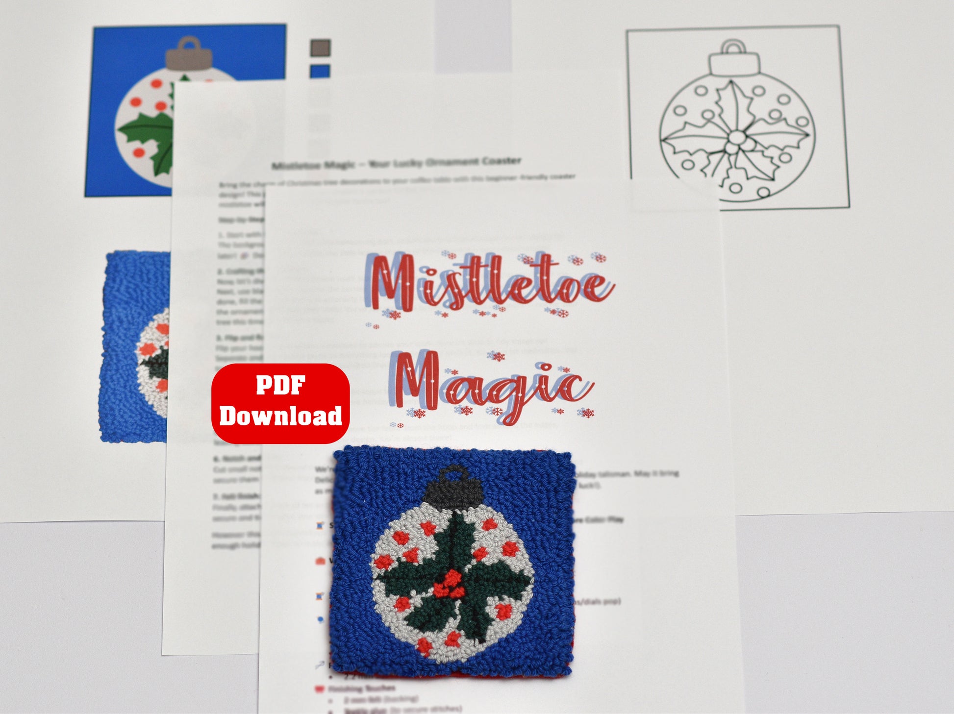 Christmas-themed  punch needle coaster pattern with 'Mistletoe Magic' text and holly design on a white background.