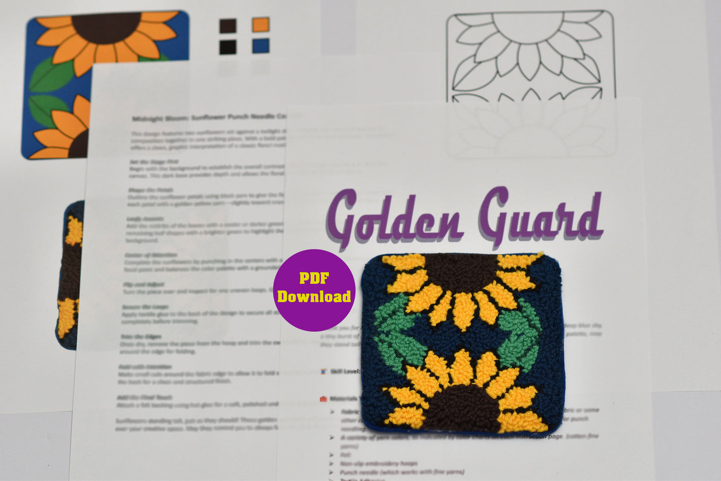 Embroidery coaster pattern with sunflower design and 'Golden Guard' branding on a printed document.