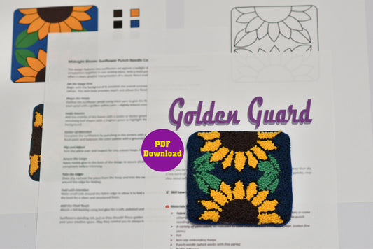Embroidery coaster pattern with sunflower design and 'Golden Guard' branding on a printed document.