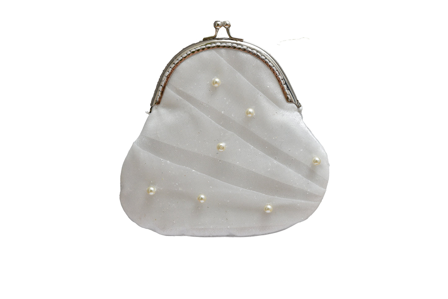 White clutch purse with pearl embellishments on a white background