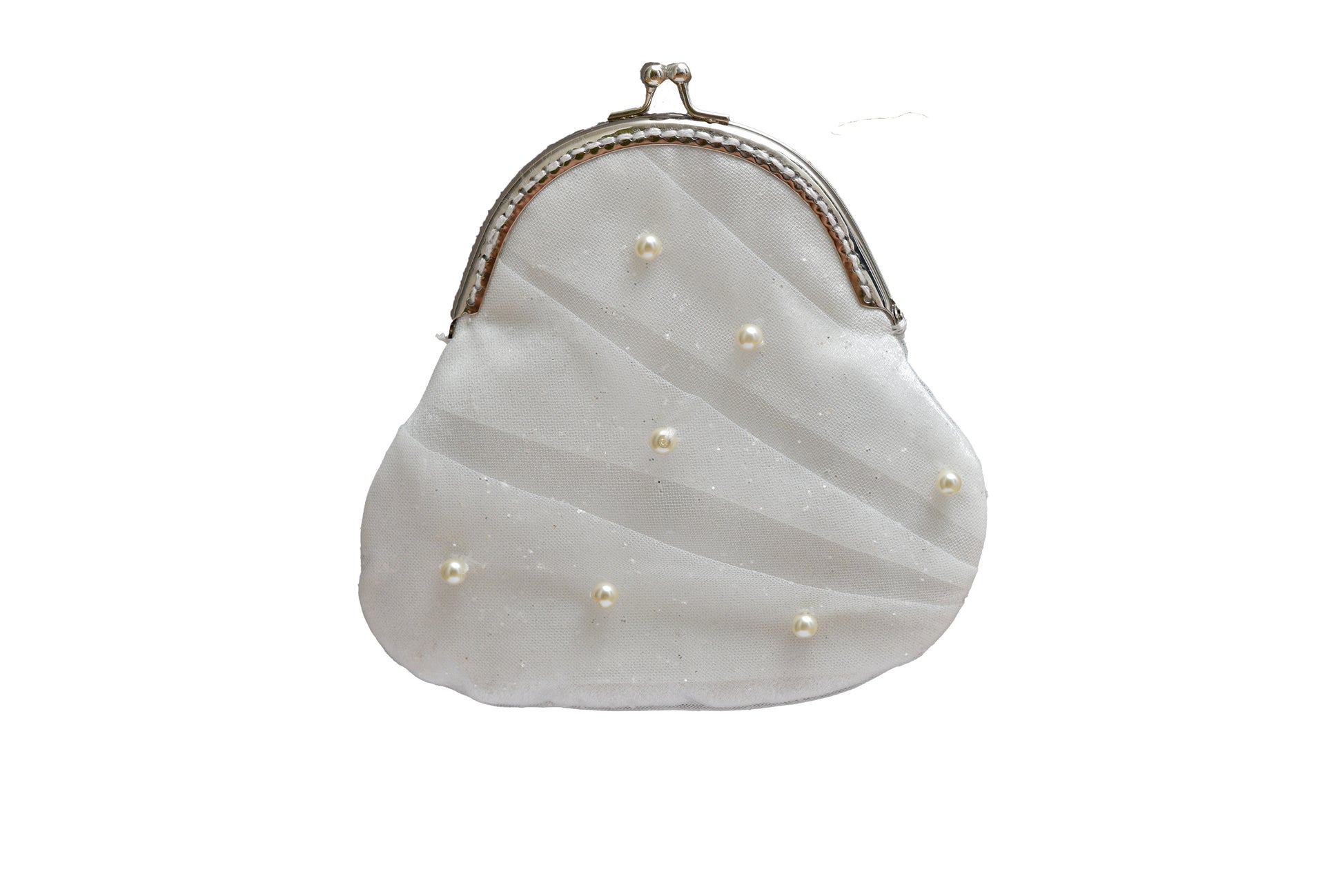 White clutch purse with pearl embellishments on a white background