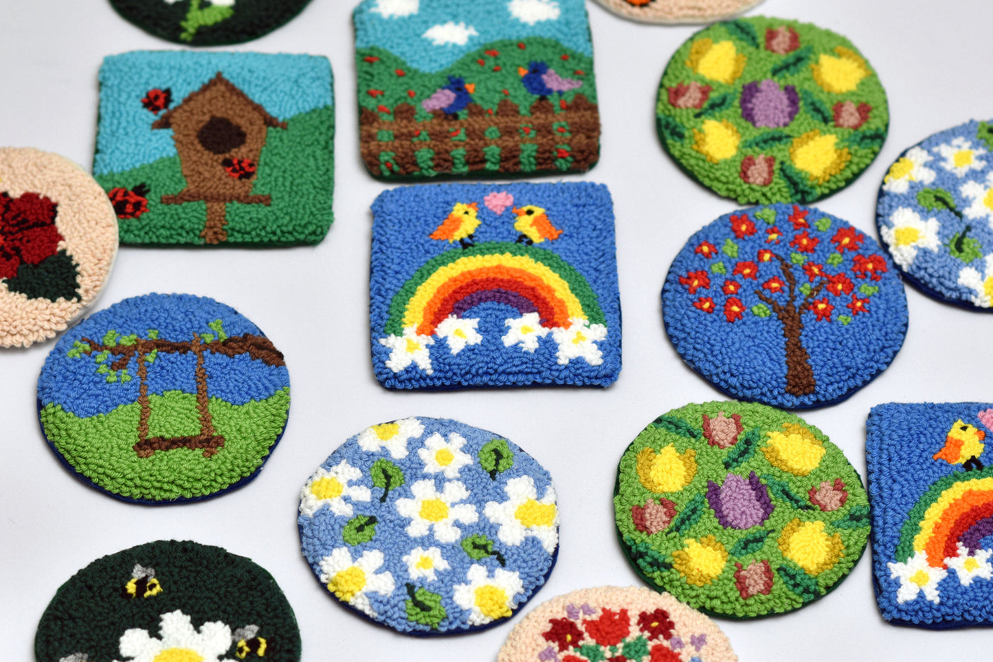 Spring punch needle coaster pattern bundle–10 digital PDF designs – Beginner friendly embroidery projects–Floral, birds and nature themes