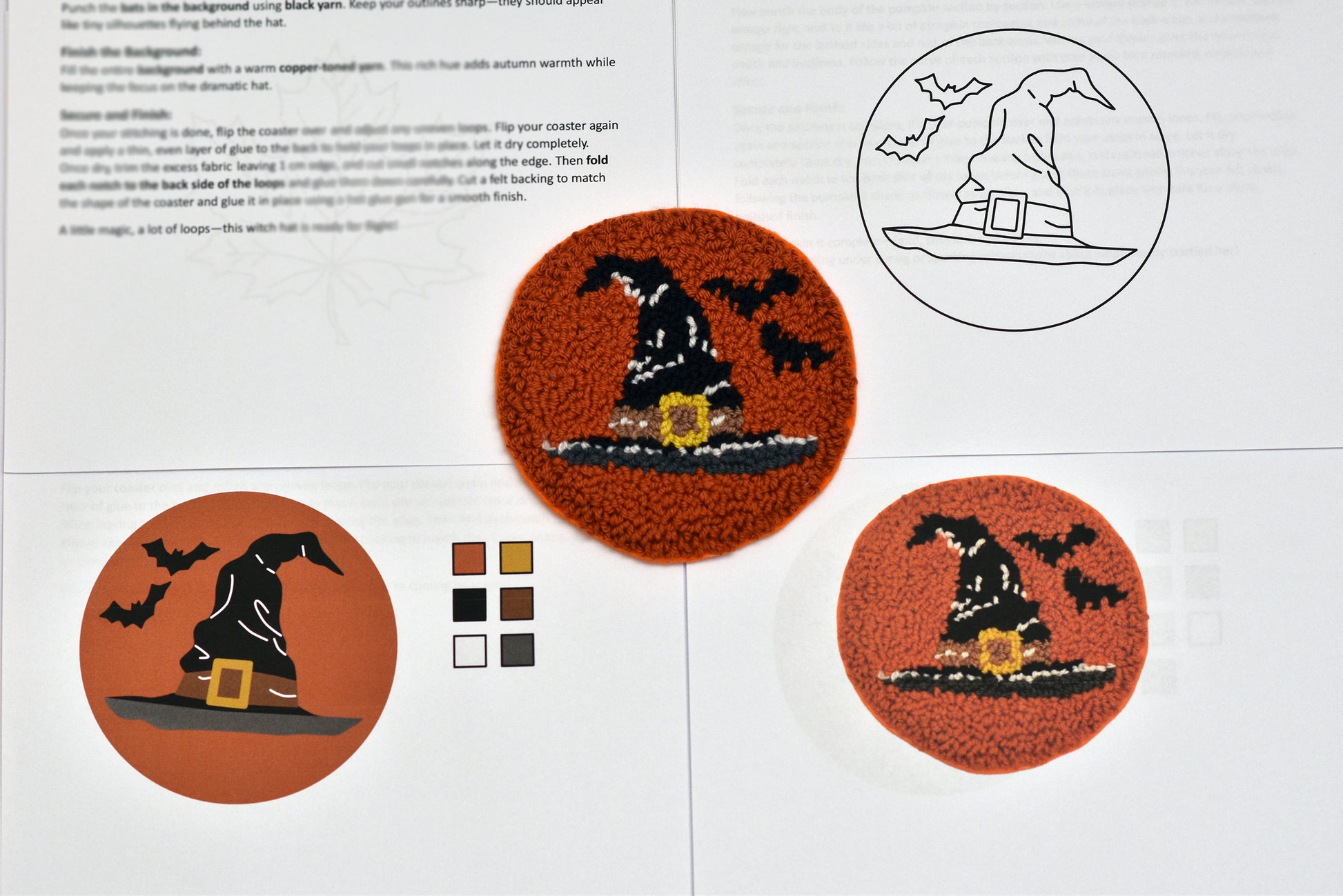 Halloween-themed punch needle coaster project with witch hats and bats on a printed sheet.