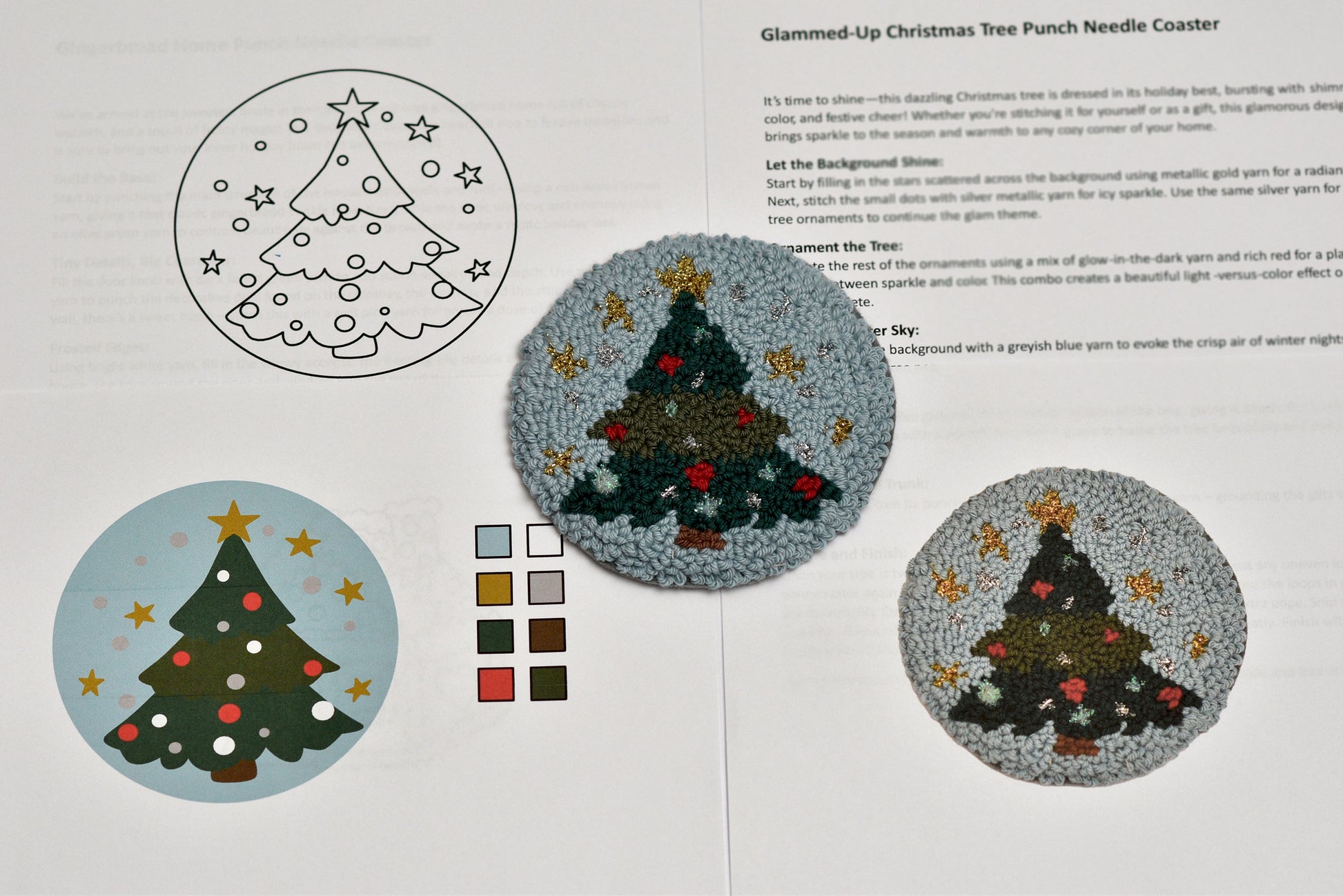 Decorative punch needle coasters with Christmas tree design on a printed sheet with color swatches.