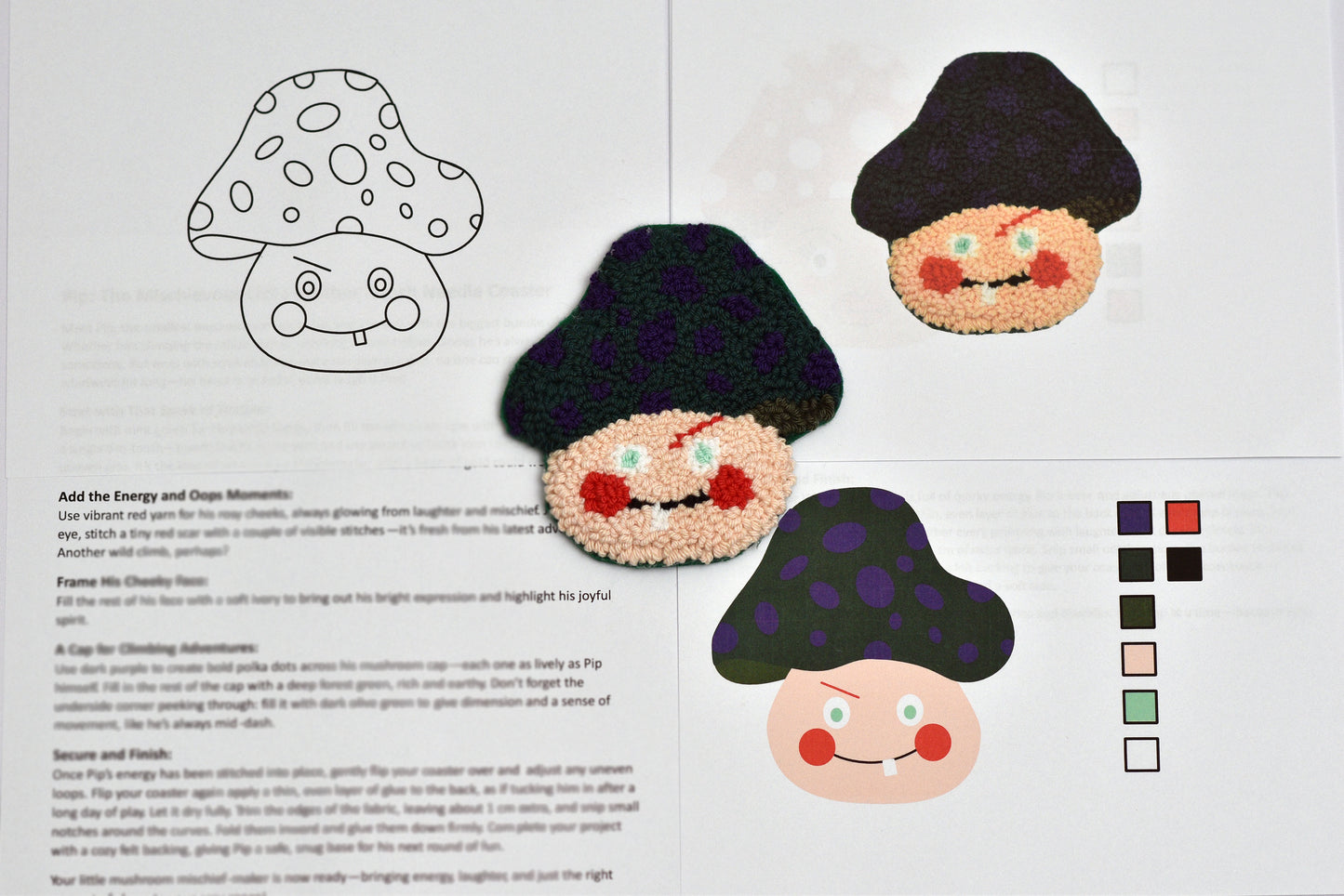 Digital Pattern page for coaster with mushroom-shaped characters and a coloring guide.