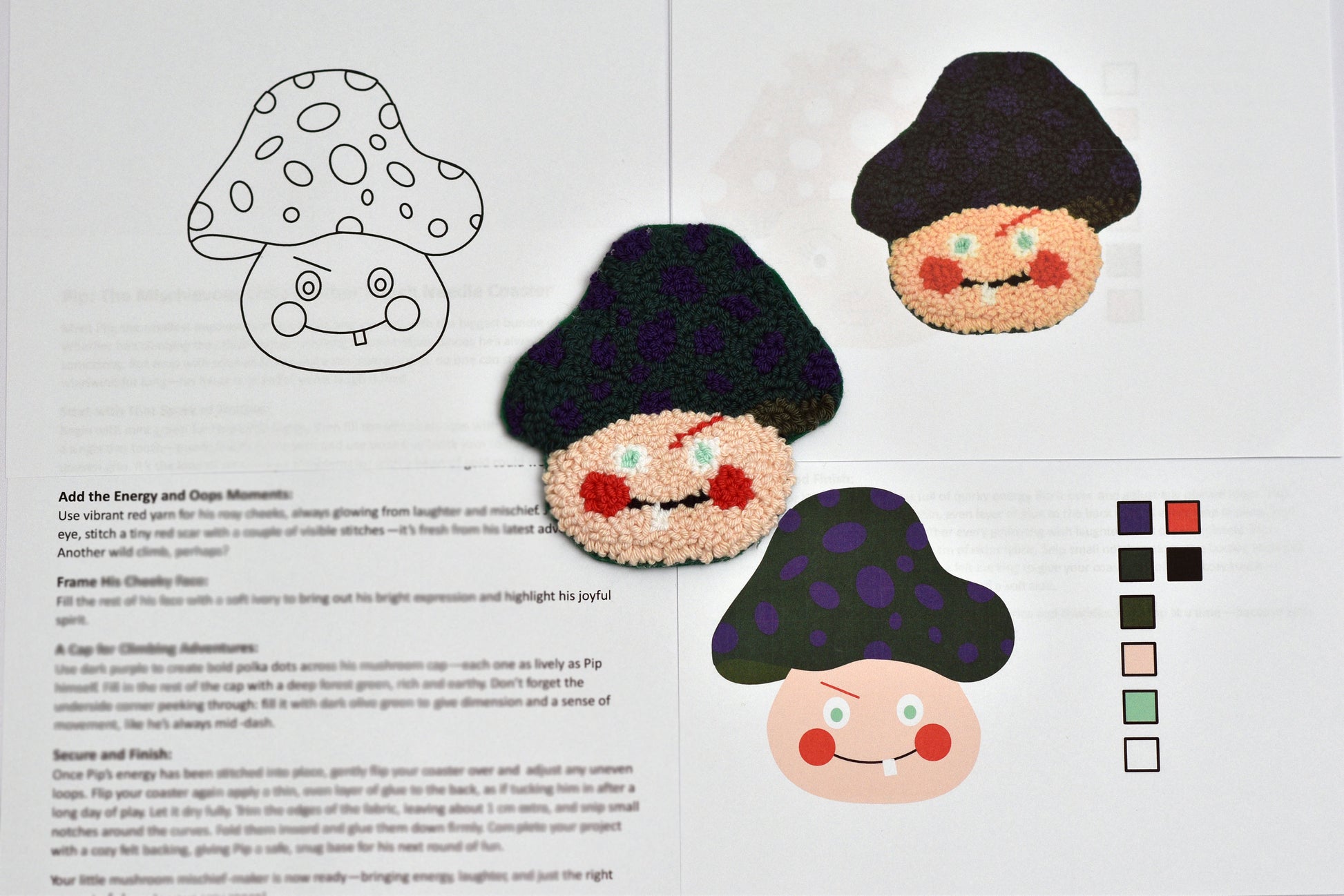 Digital Pattern page for coaster with mushroom-shaped characters and a coloring guide.