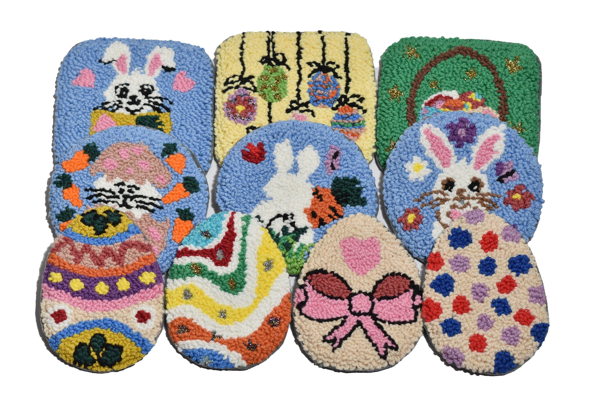 Colorful Easter-themed rug pads with various designs on a white background