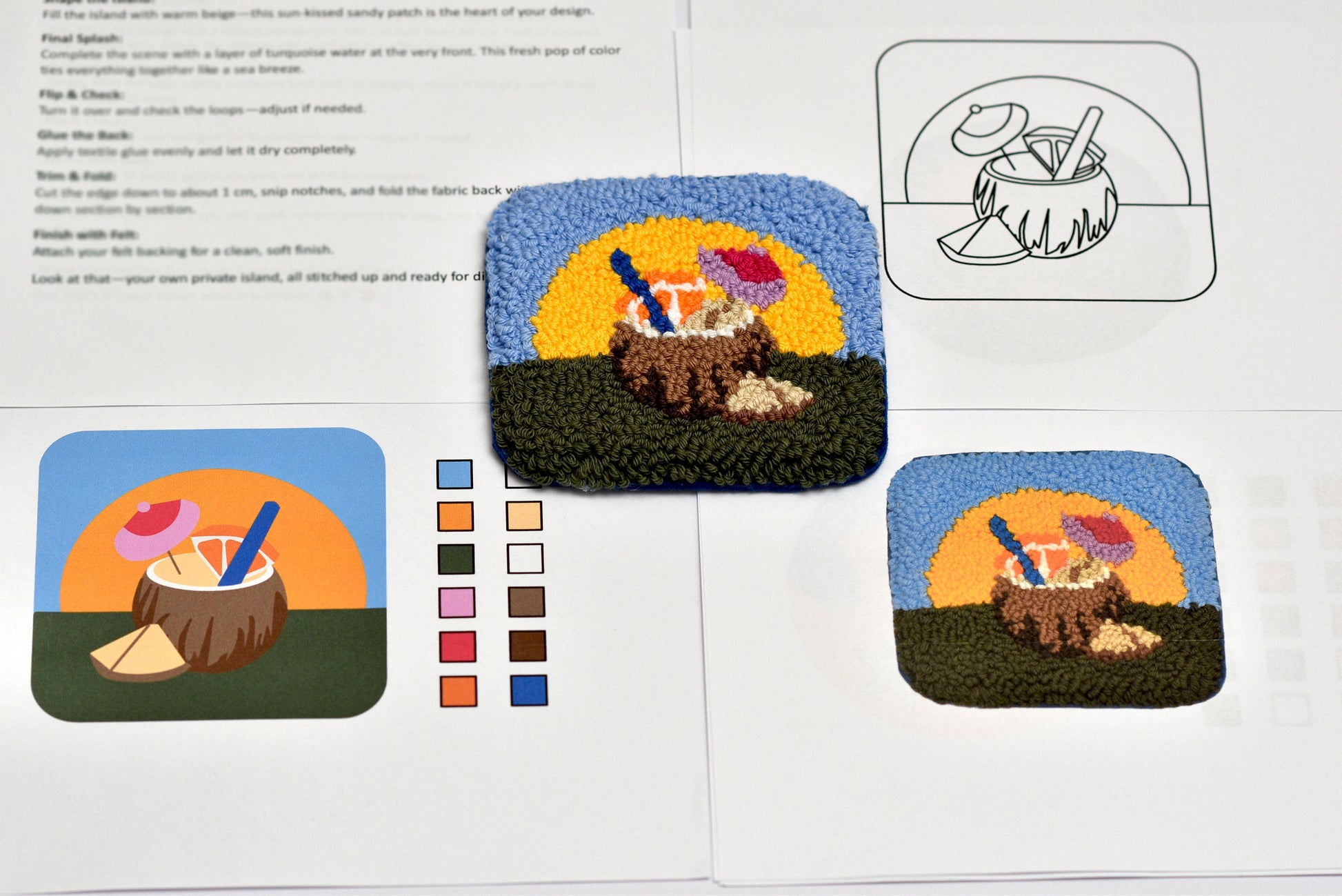 Overview of summer punch needle embroidery guide with templates, color charts, and step-by-step instructions