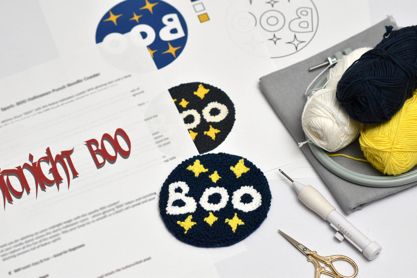 Embroidery coaster design files with 'Midnight Boo' and 'Boo' text on a white background