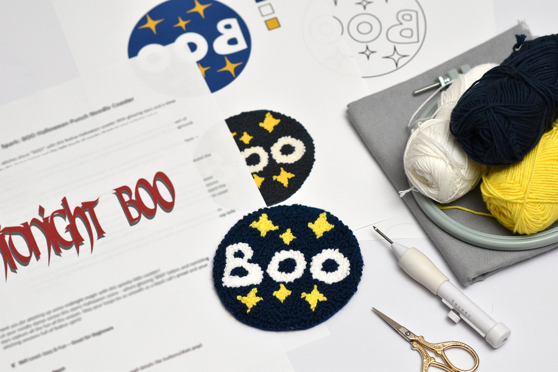 Embroidery coaster design files with 'Midnight Boo' and 'Boo' text on a white background