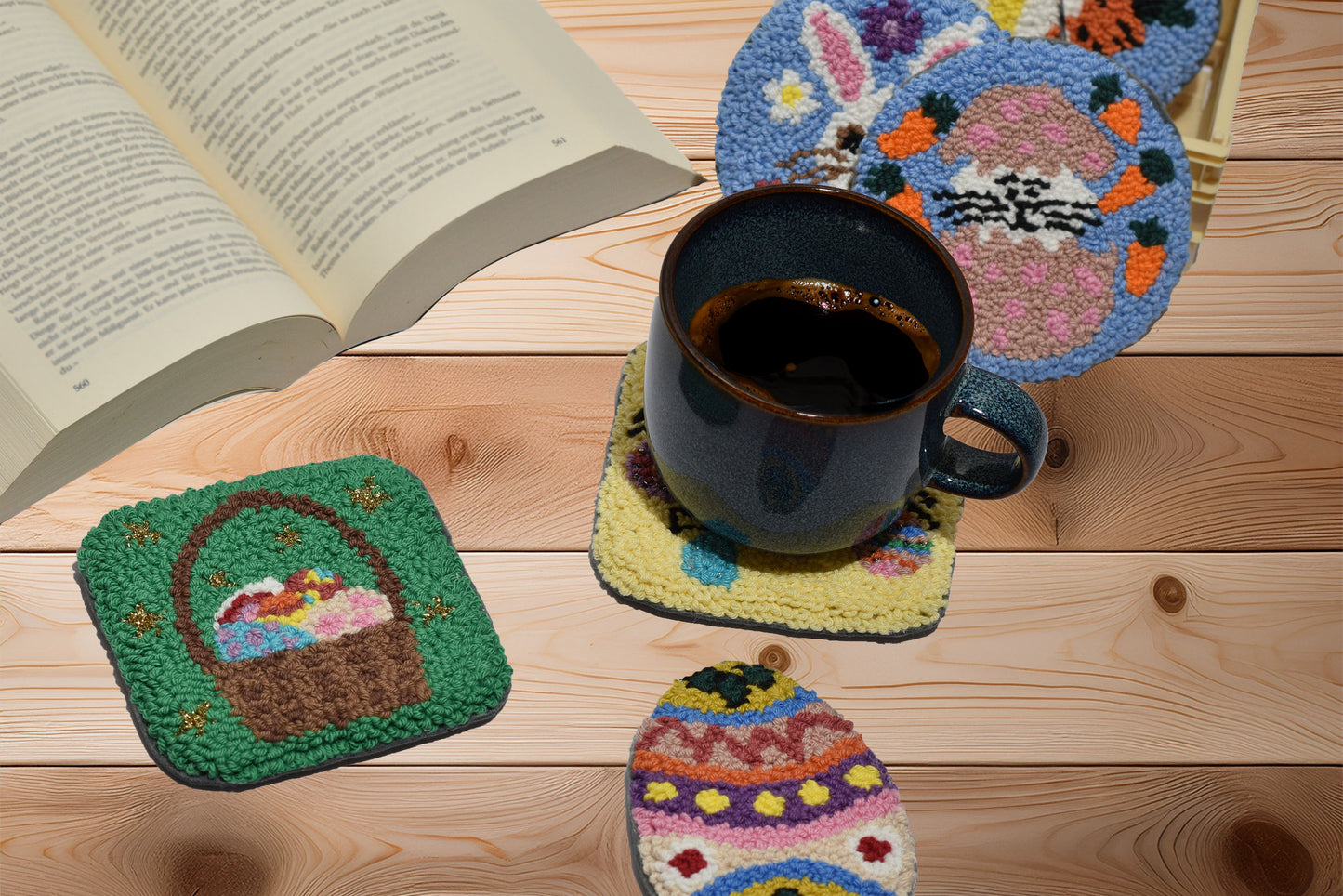 Easter coasters with a coffee and an open book on a table