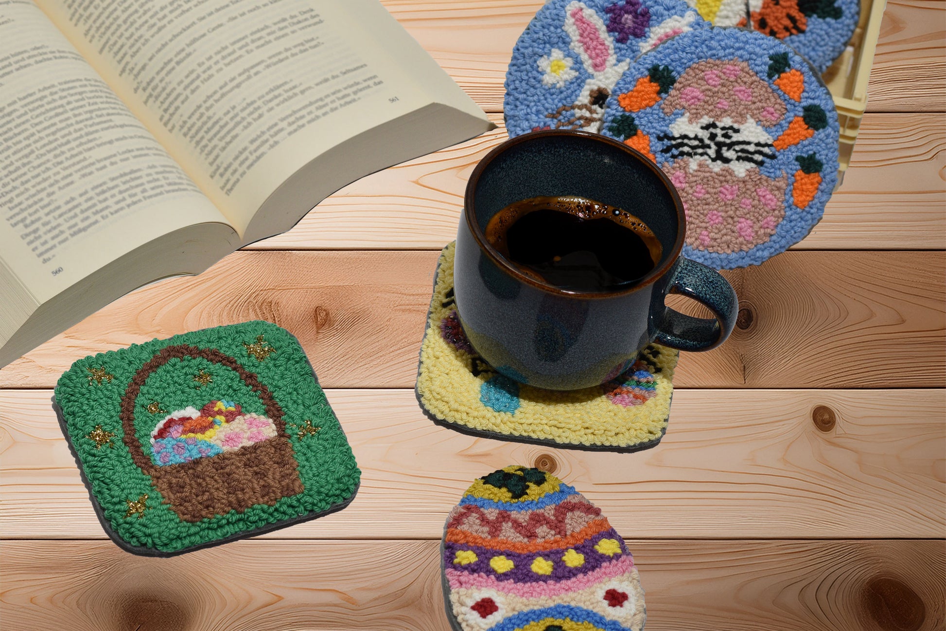 Easter coasters with a coffee and an open book on a table
