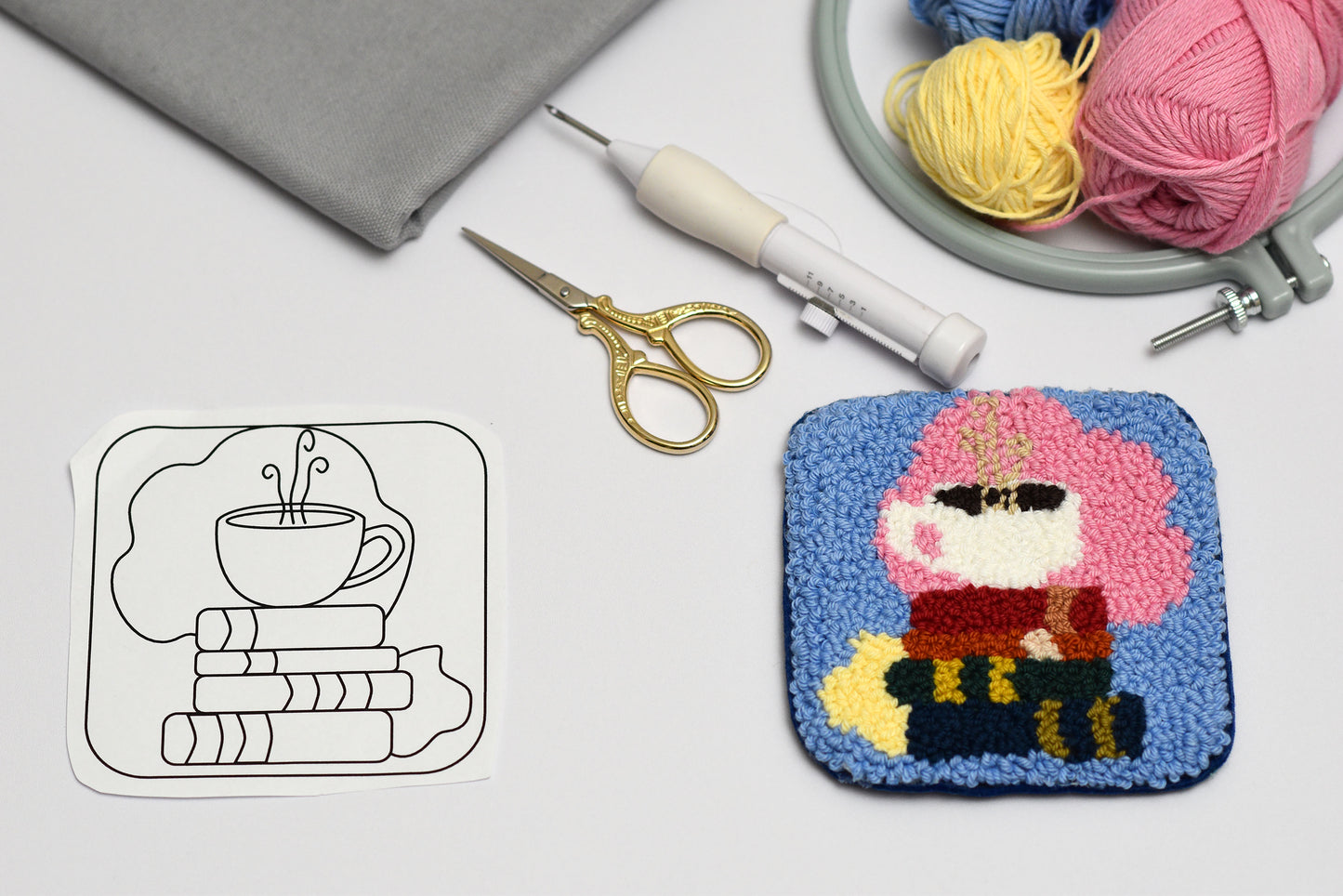 Books and Coffee Punch Needle Coaster Pattern PDF Digital Download - Reading Nook Design