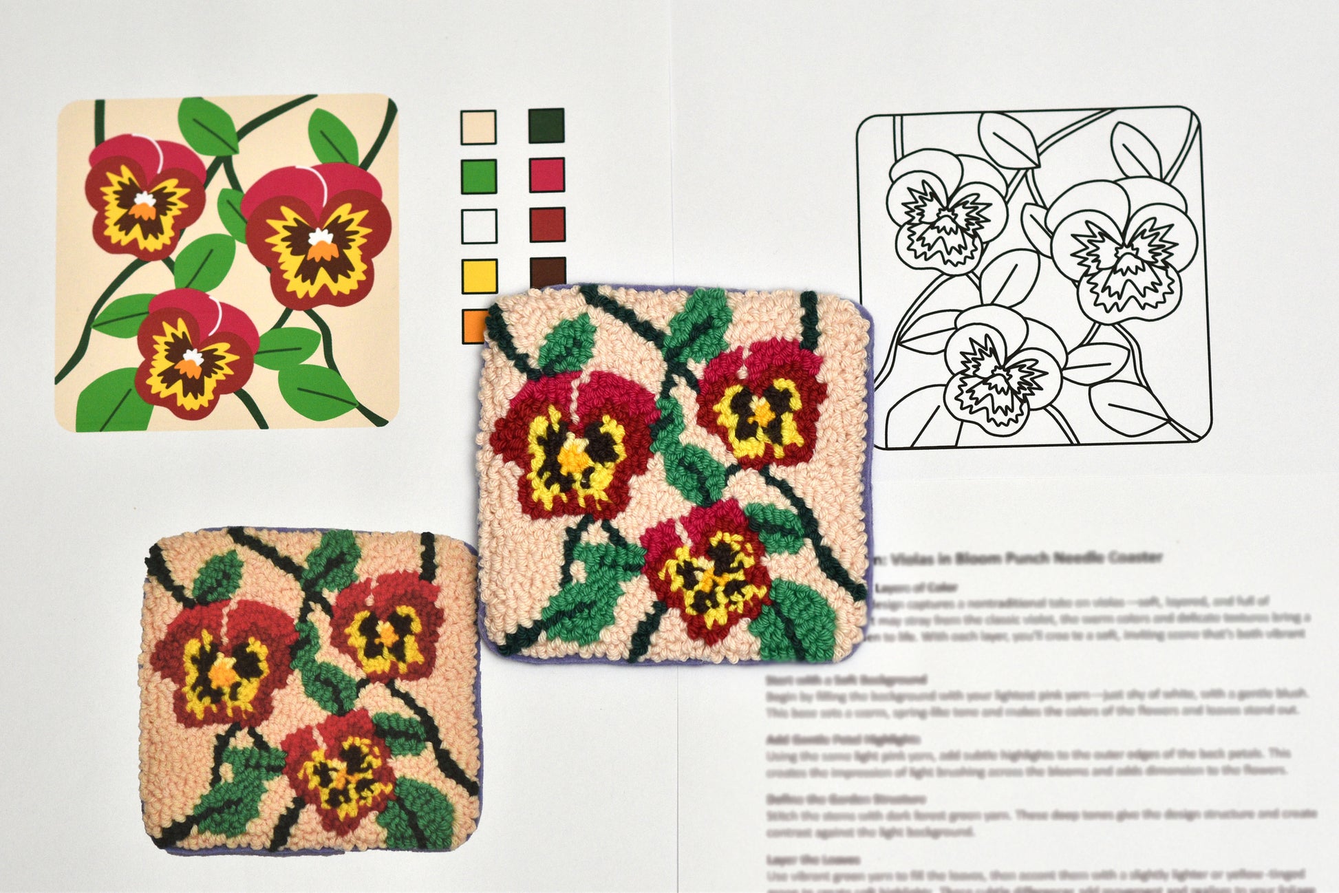 Floral patterned viola coaster with color swatches and design instructions on a white background