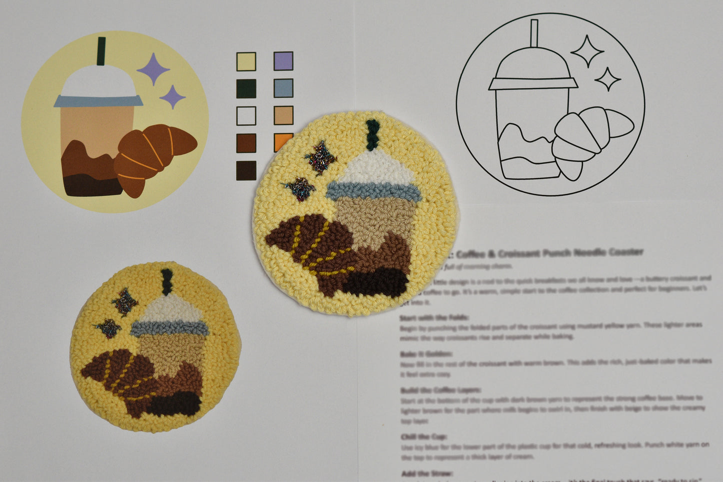 Decorative punch needle coaster with coffee and croissant design on a white background