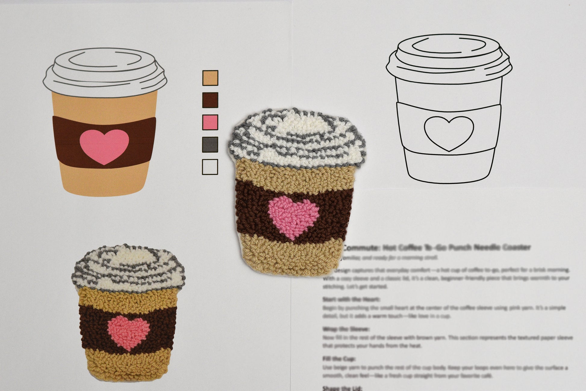 Punch needle coaster Pattern of a coffee cup with a heart design on a white background