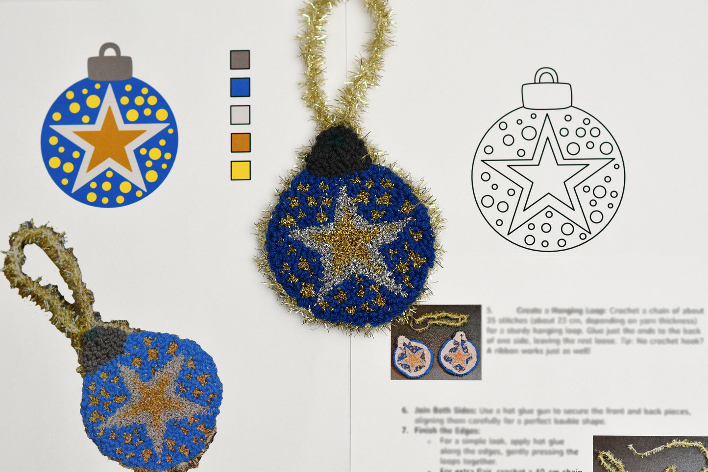 Punch needled star ornament with tinsel, color swatch, and pattern diagram on a white background