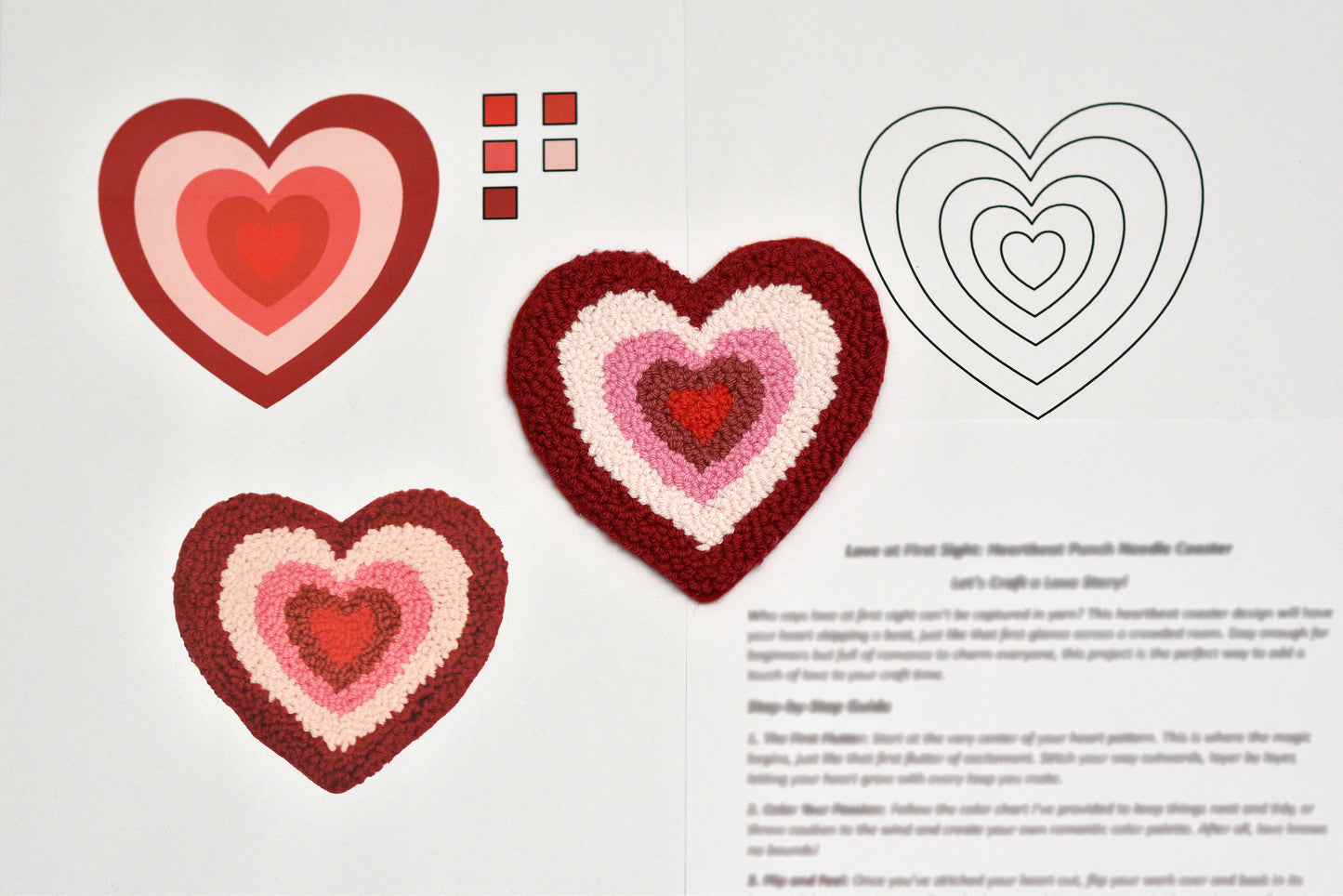 Heart-shaped crochet patterns with color swatches and instructions on a white background