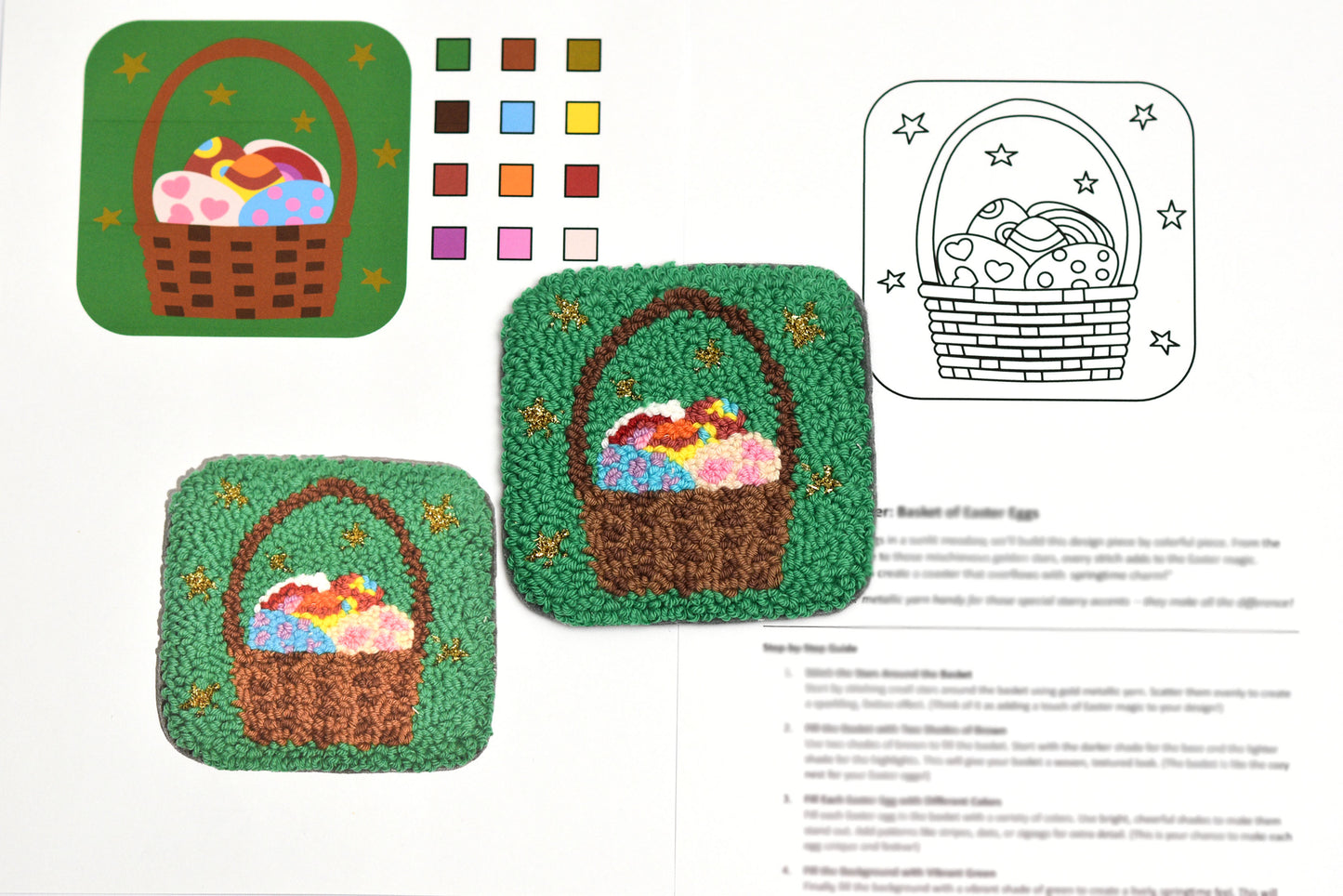 Coloring book page and punch needle coaster with Easter basket design, color swatches, and text.