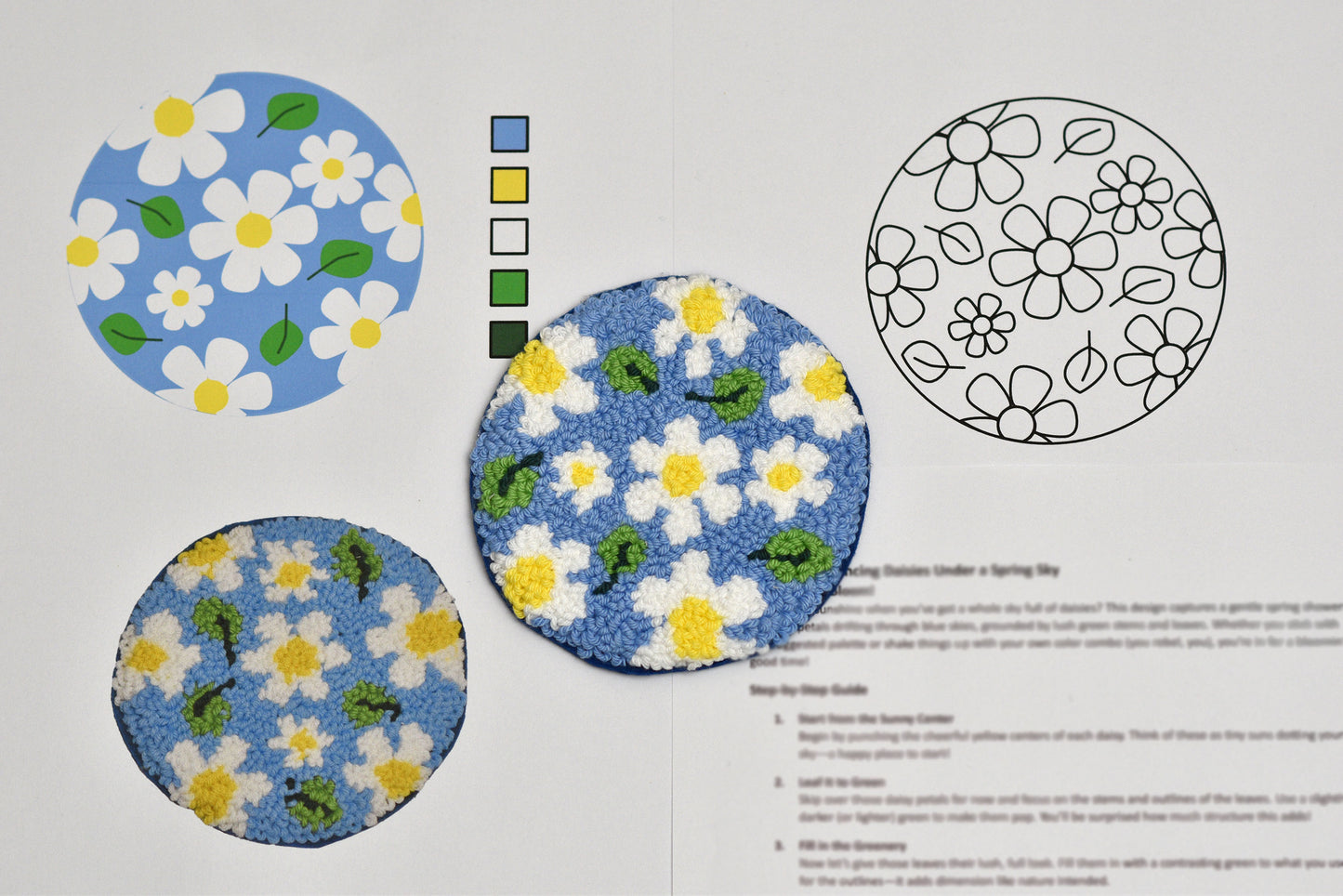 Floral patterned coasters with design guide on a white background