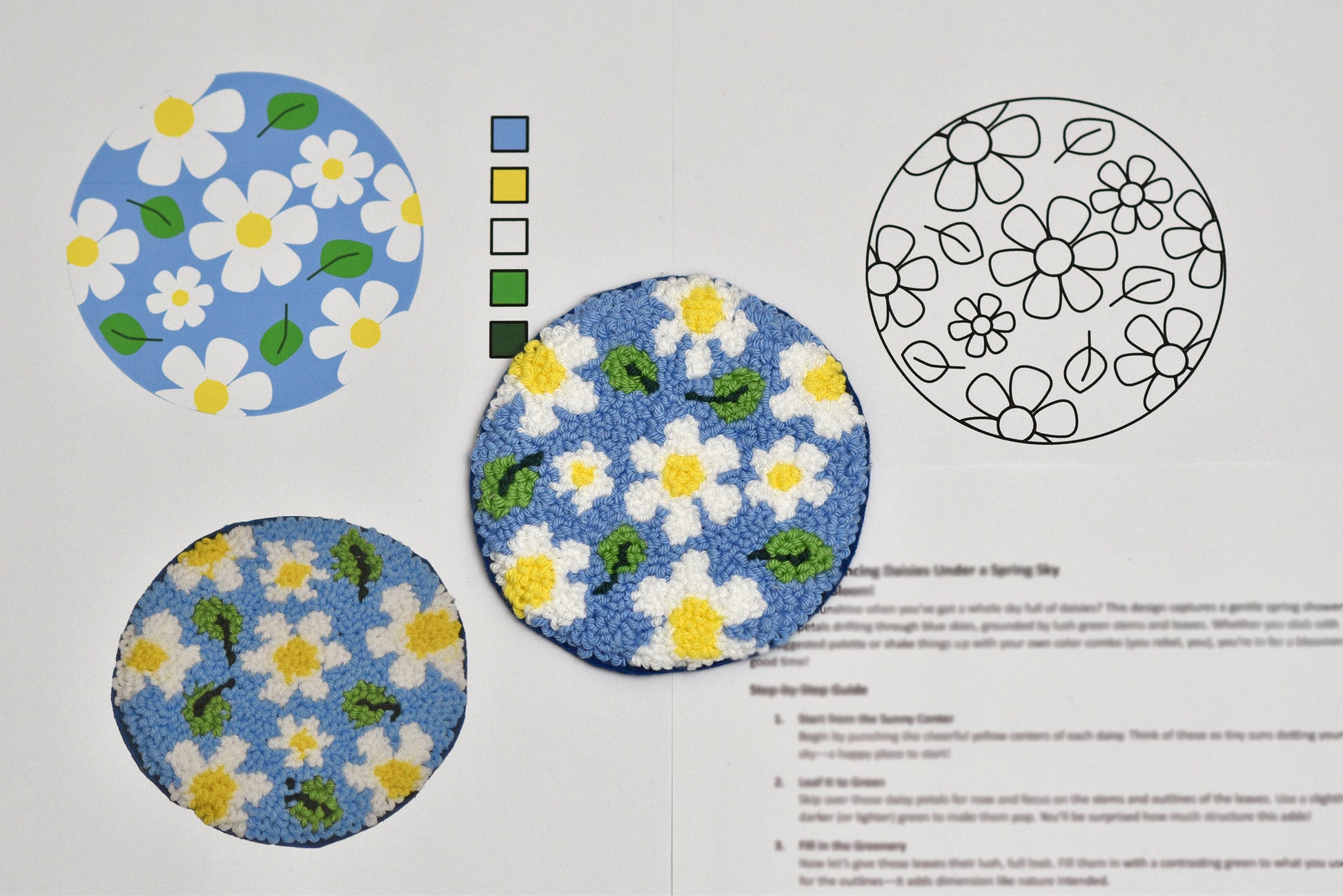 Floral patterned coasters with design guide on a white background