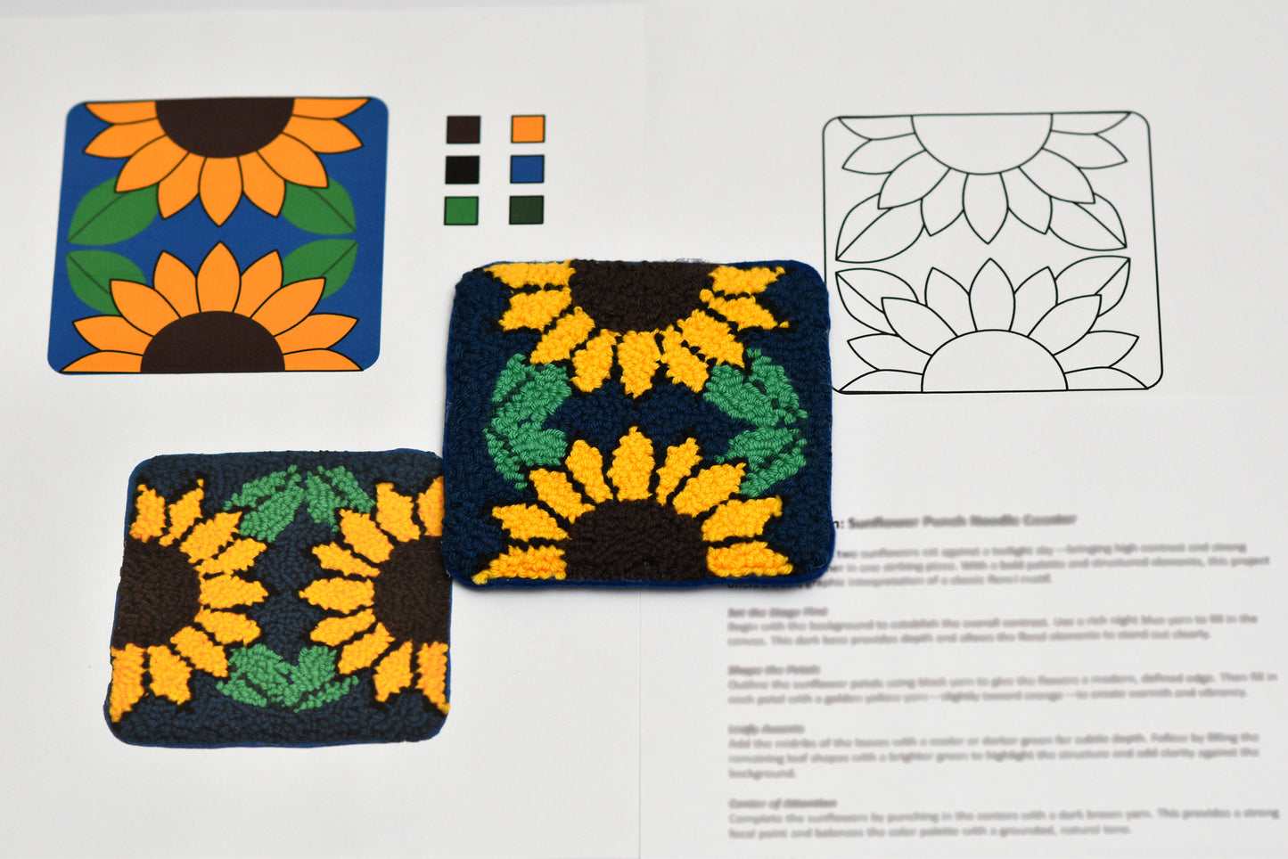 Sunflower-patterned coasters with design elements on a white background