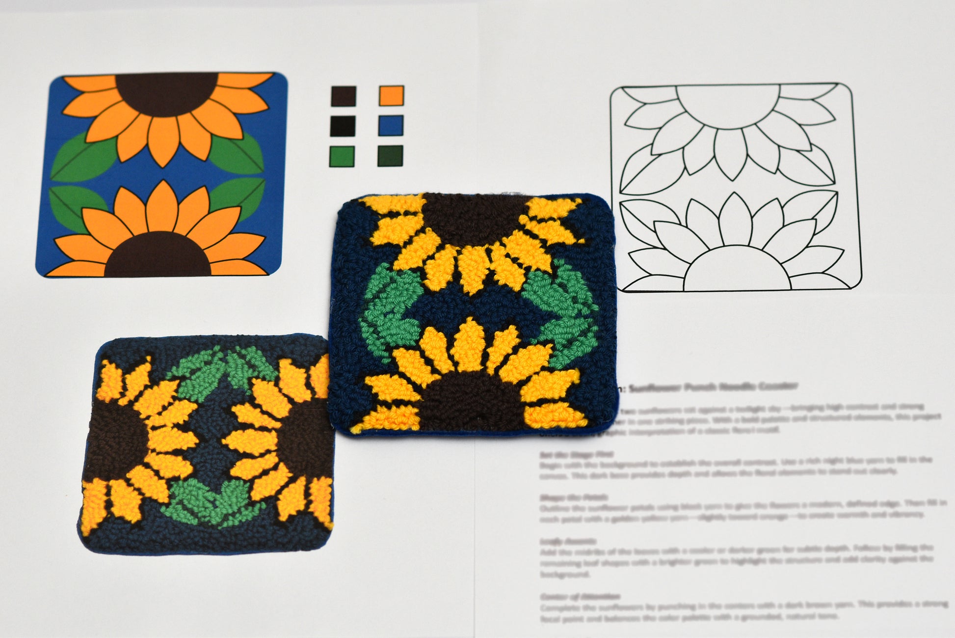 Sunflower-patterned coasters with design elements on a white background