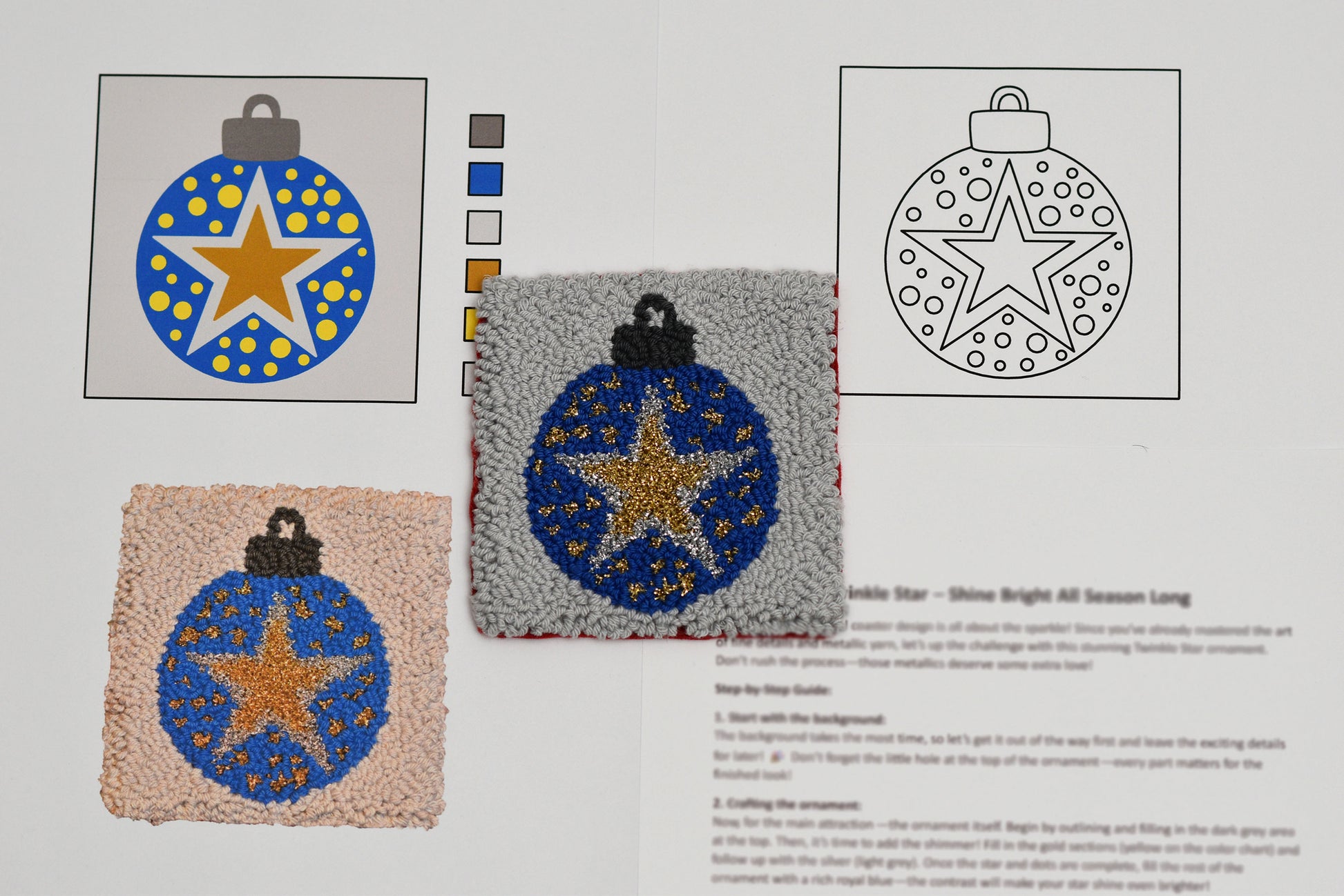 Pattern book showing punch needled fabric designs with star patterns and color swatches.