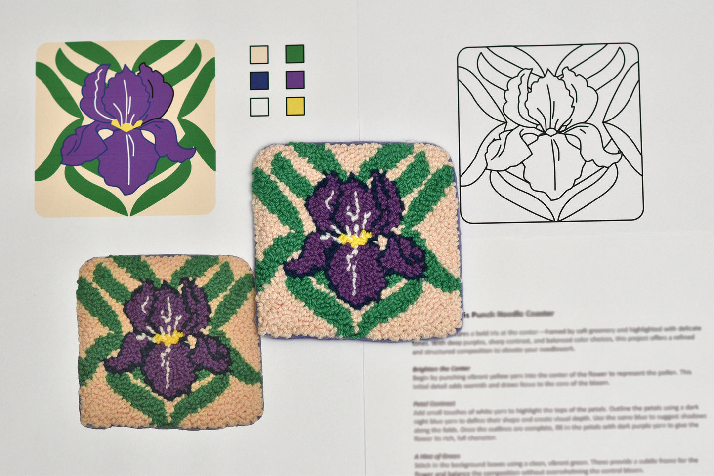 Three embroidered coasters with purple iris flowers on a white background, accompanied by color swatches and a line drawing.