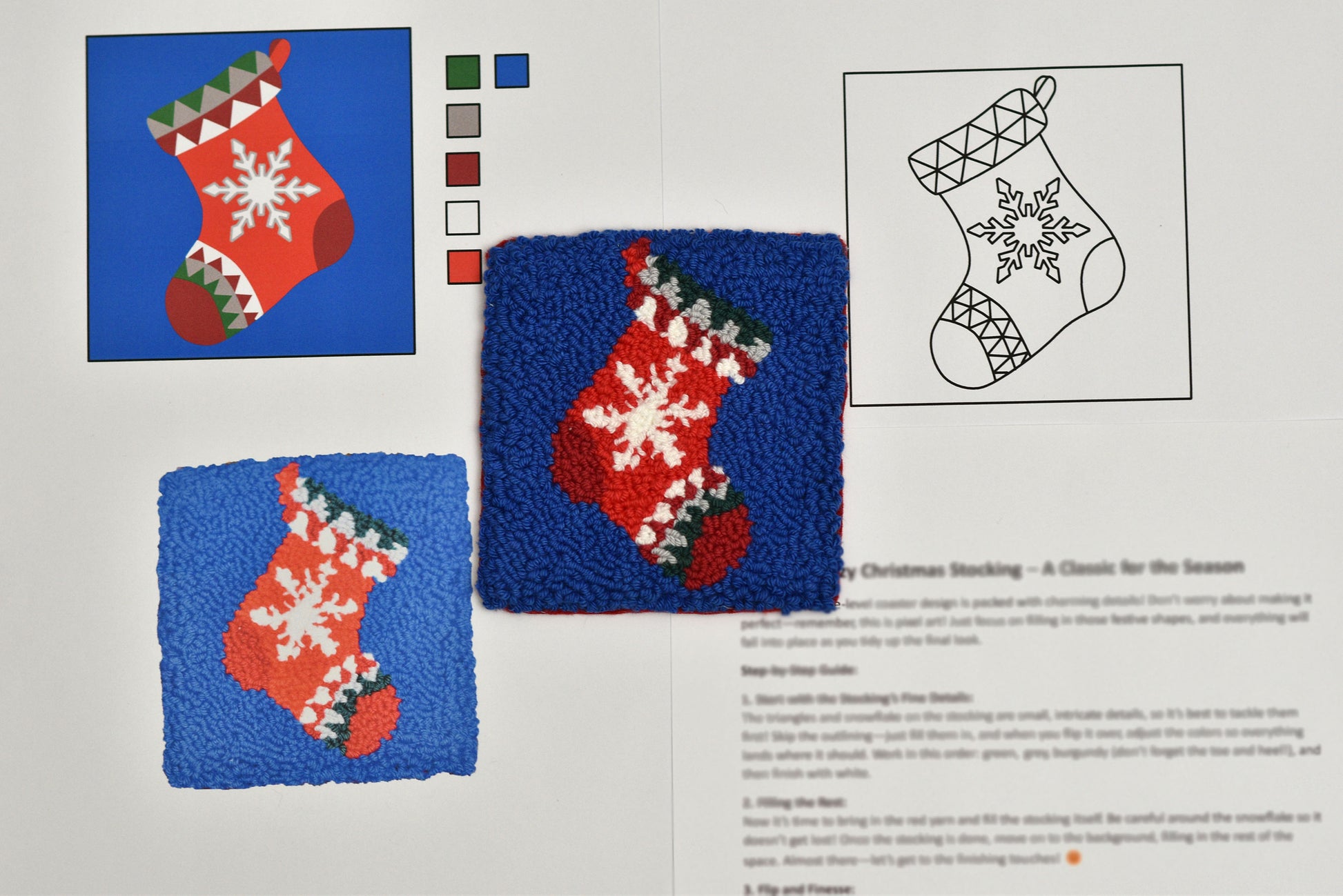 Punch needled coasters with hristmas stockings designs with color swatches and a diagram on a printed pattern sheet.