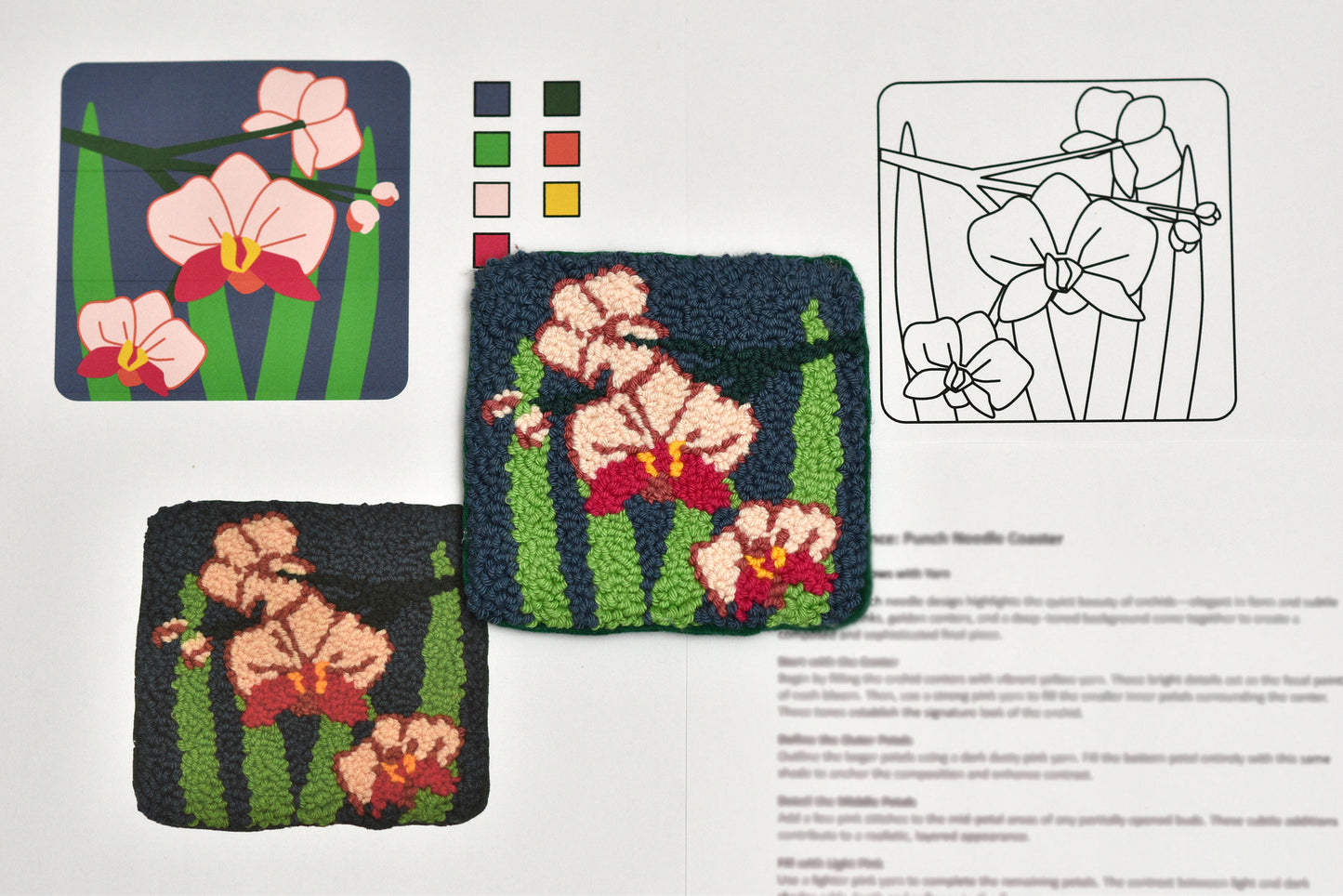 Punch needled coaster with floral orchid design and color swatch on a white background