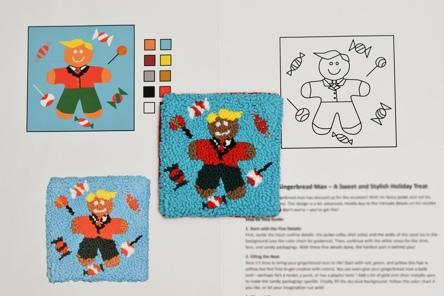 Two colorful mug rugs designs of a gingerbread man character with a coloring guide and color swatches.