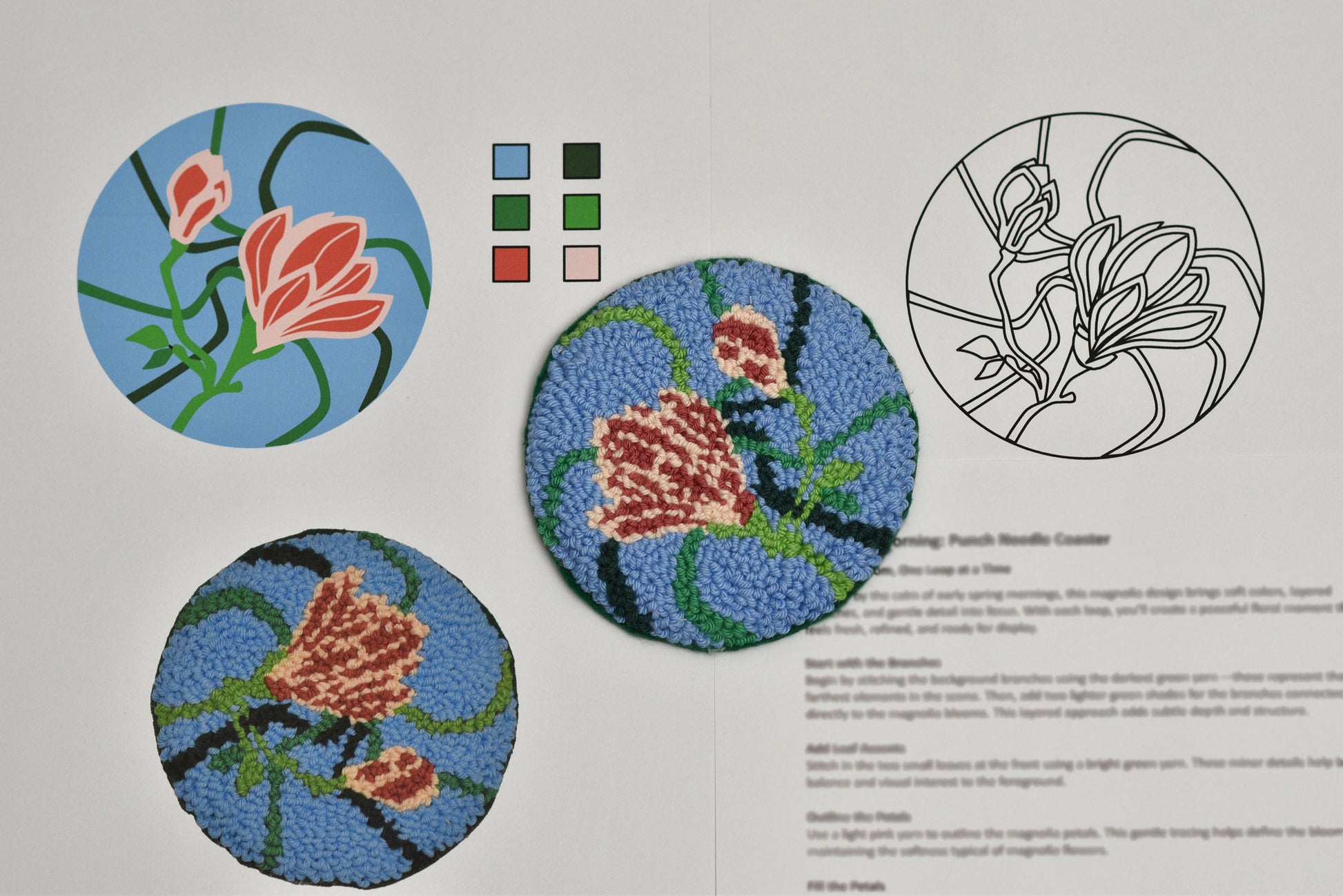 Design process of floral magnolia coaster patterns on fabric with color swatches and line drawings.