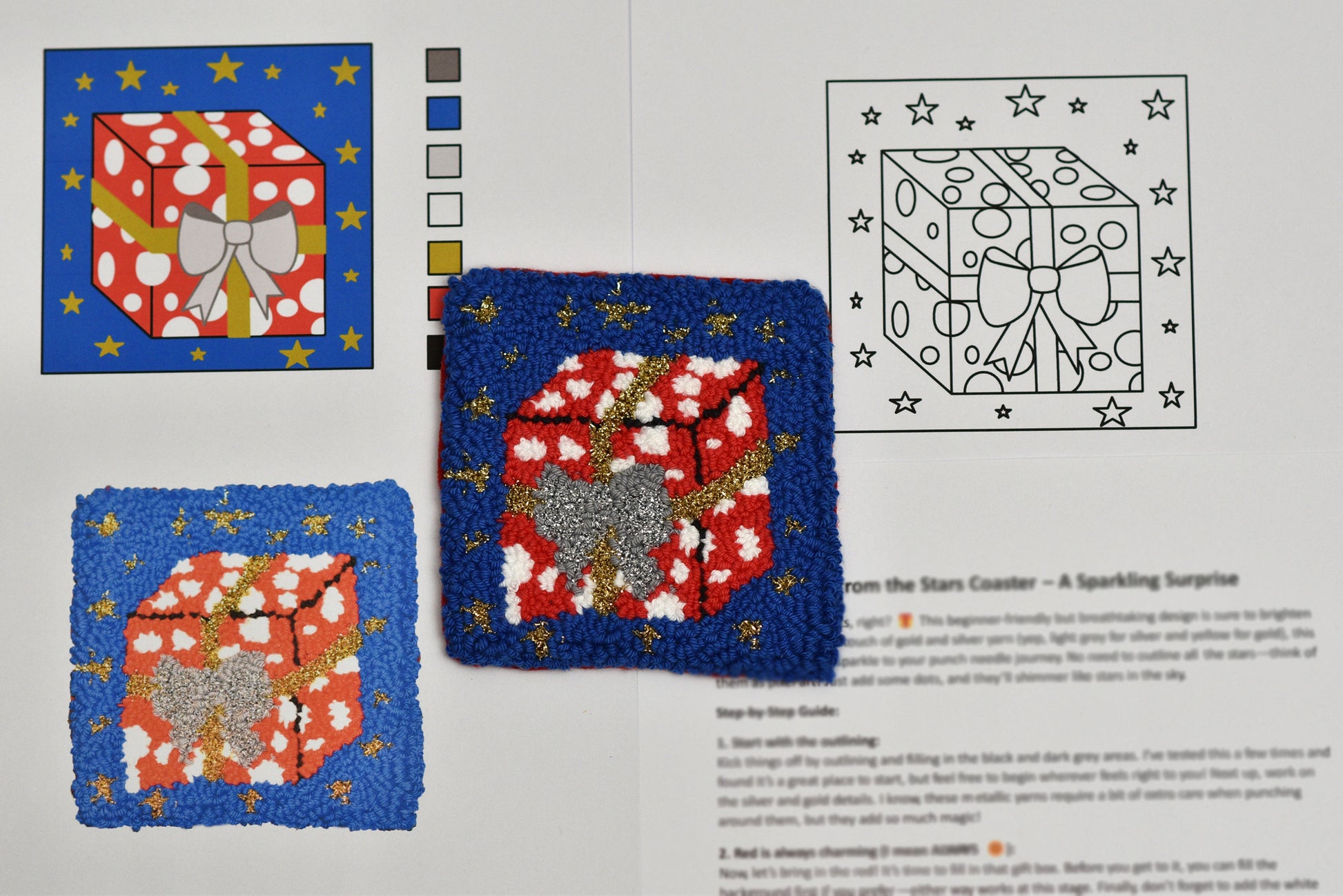Three star-shaped coasters with a red and white gift design on a blue background, alongside a pattern illustration.